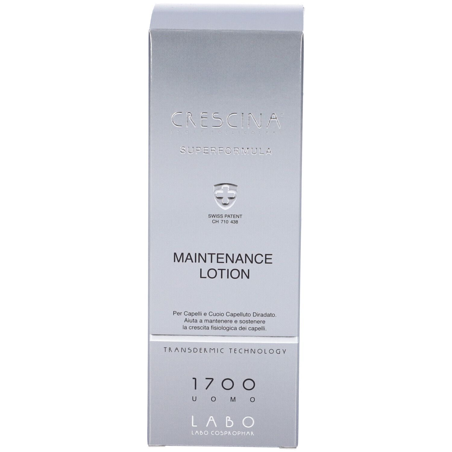 Scatola argentata. Scritte: Crescina, Maintenance Lotion. Brevetto svizzero. Labo. 1700 Uomo.