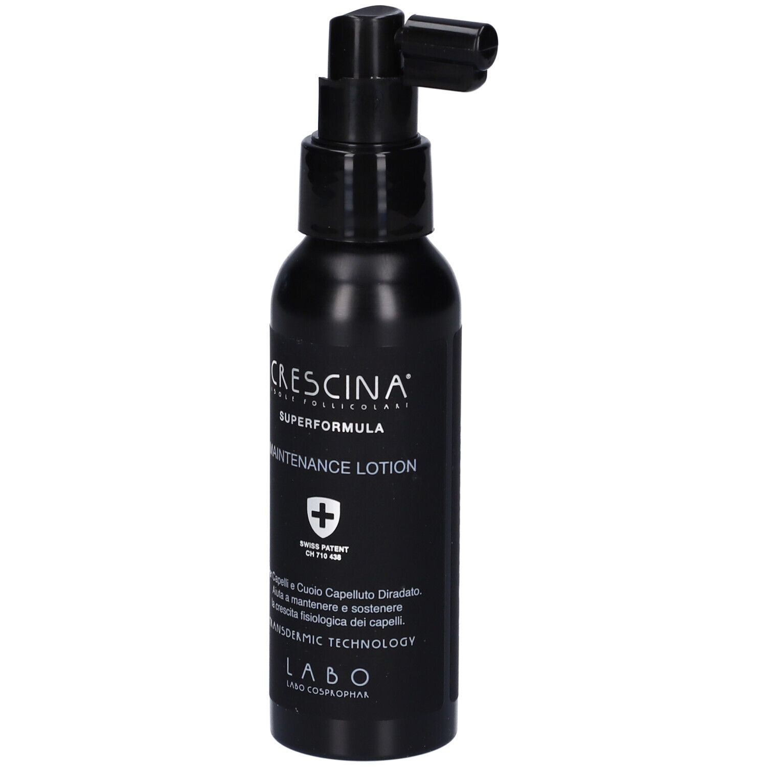Flacone nero con erogatore. Scritta: Crescina Superformula Maintenance Lotion. Croce svizzera.