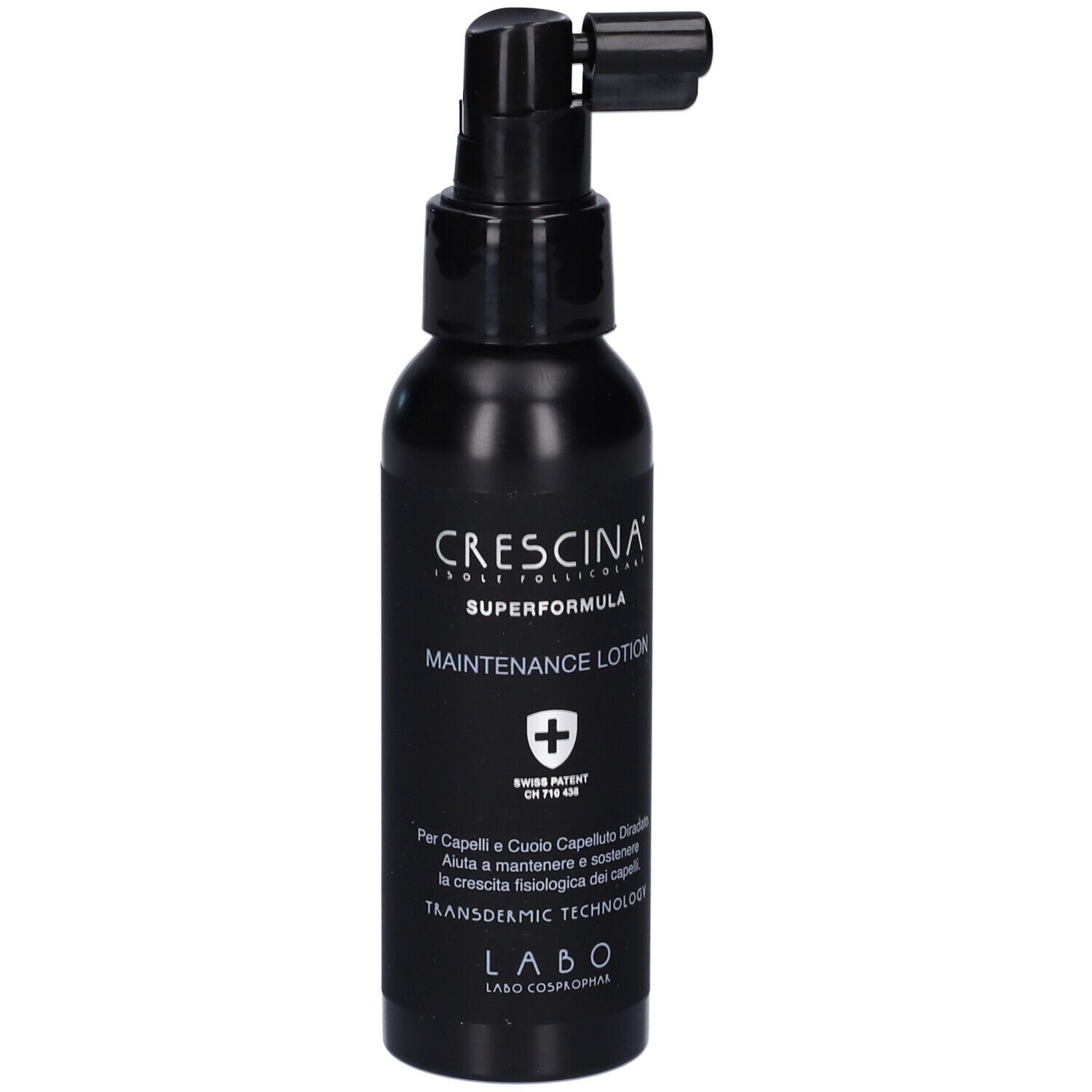 Flacone nero con erogatore. Scritta: Crescina Superformula Maintenance Lotion. Croce svizzera.