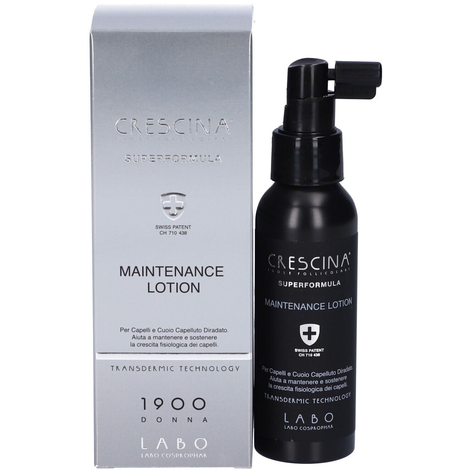 Confezione e flacone del prodotto. Scritta: Crescina Superformula Maintenance Lotion. Croce svizzera.
