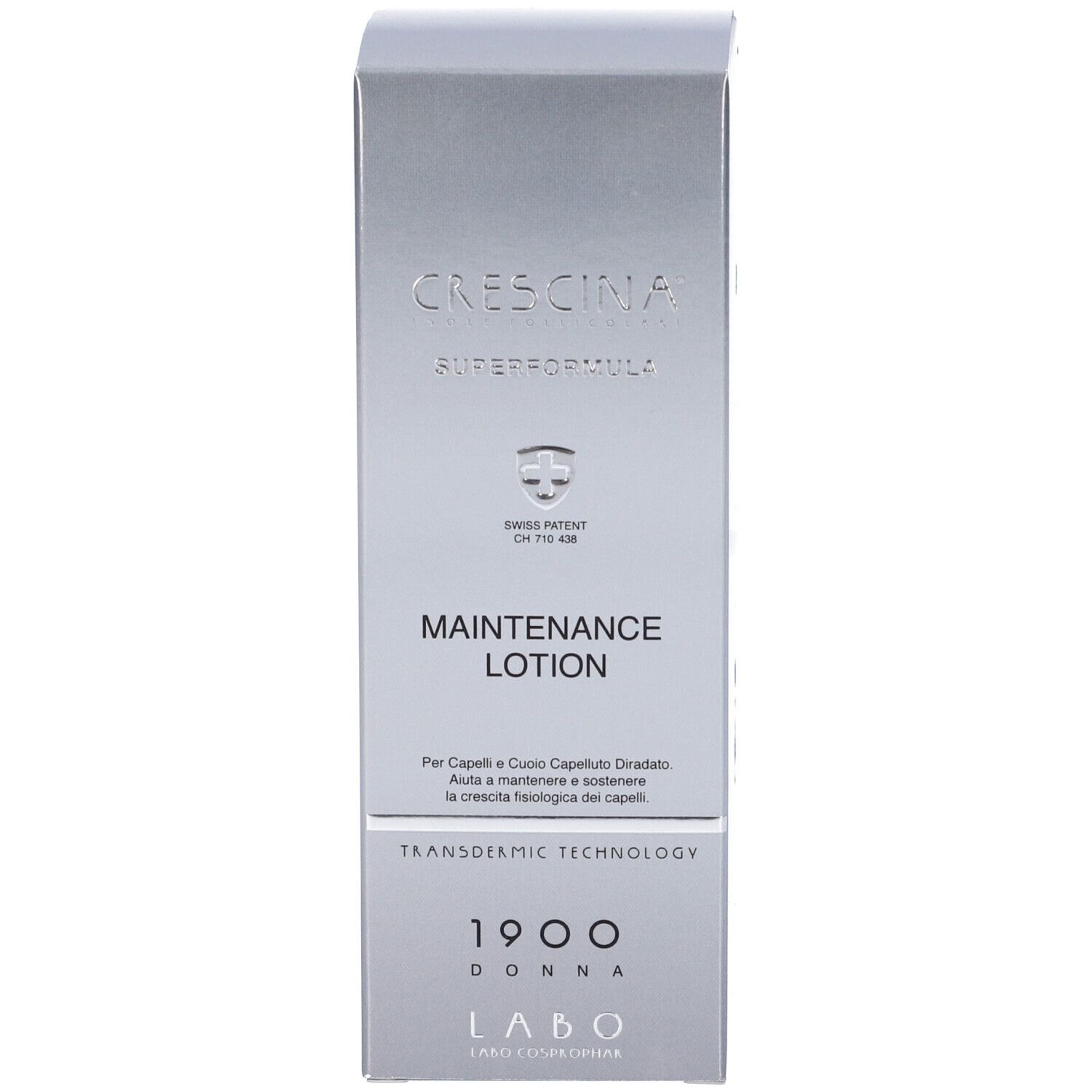 Confezione del prodotto. Scritta: Crescina Superformula Maintenance Lotion. Croce svizzera.