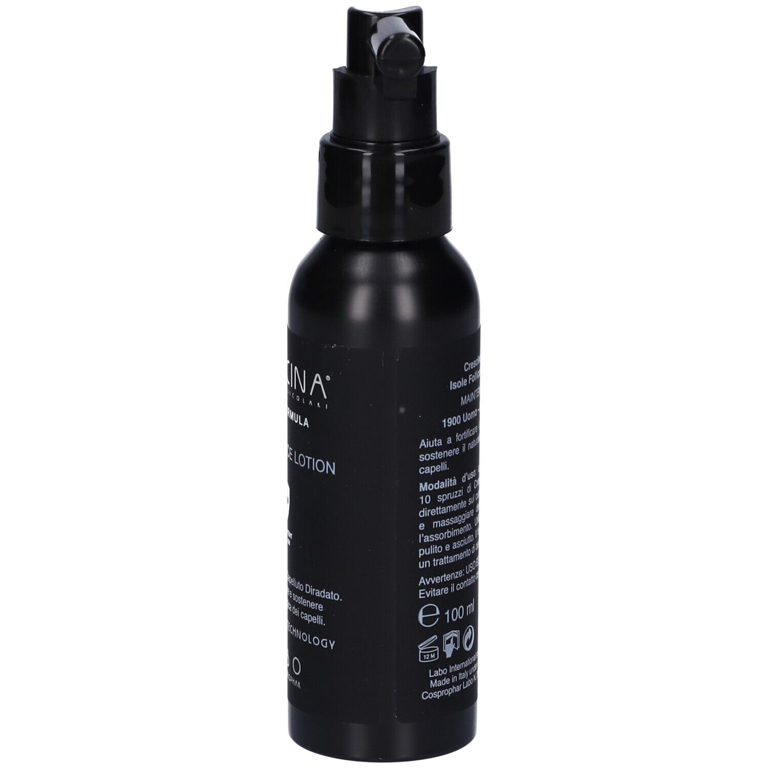 Flacone nero con erogatore. Testo in italiano. Volume: 100 ml.
