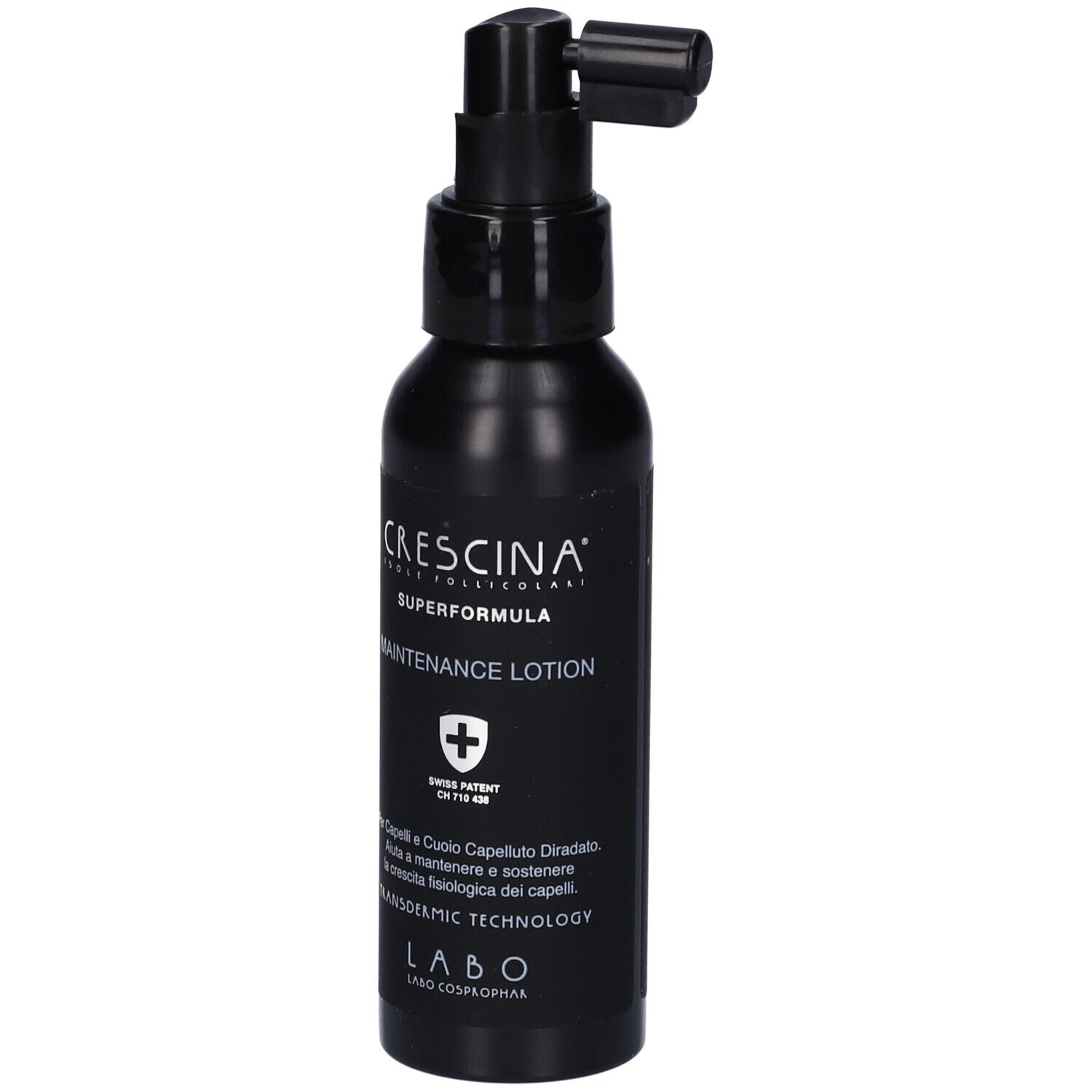 Flacone nero con erogatore. Scritta: Crescina, Maintenance Lotion. Brevetto svizzero.