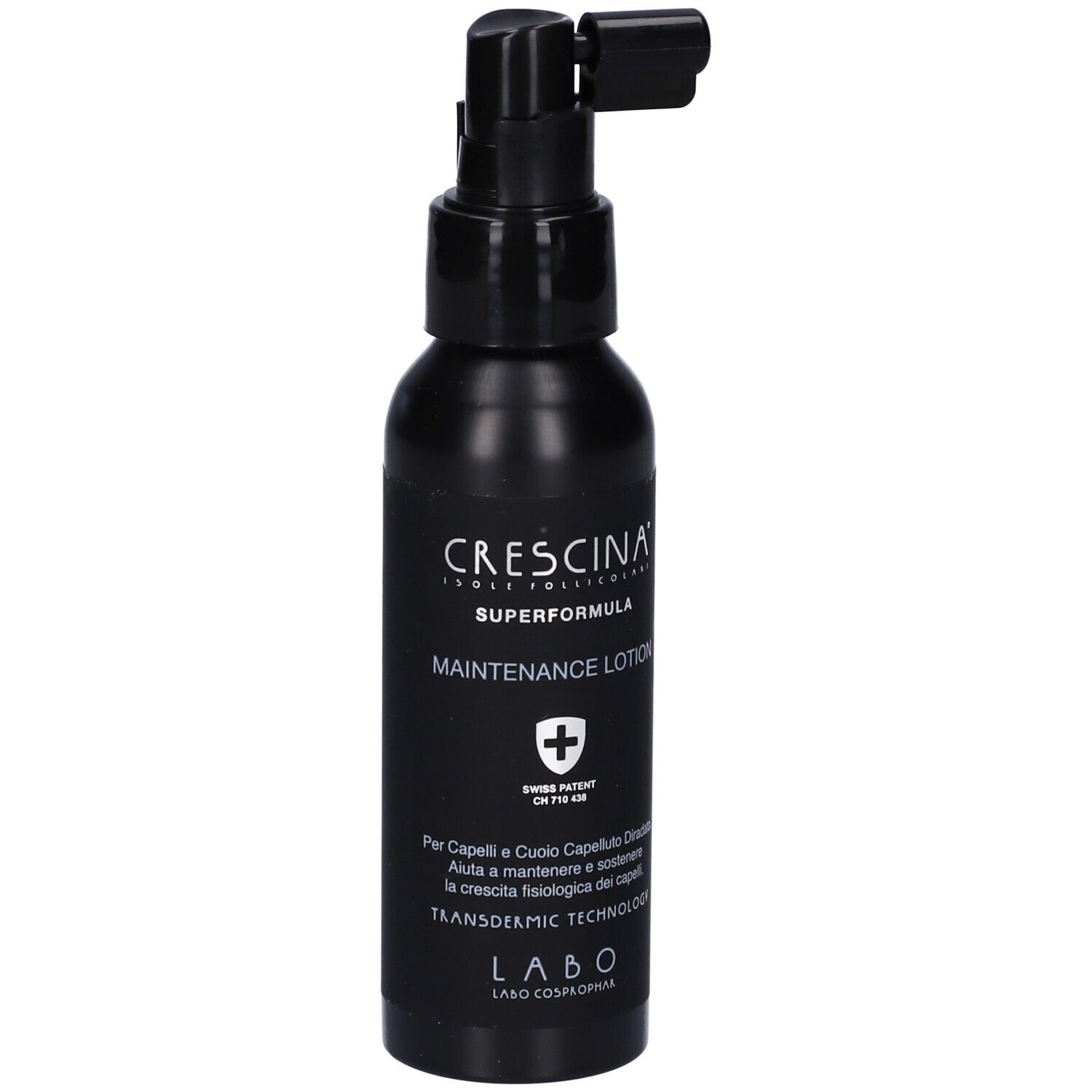 Flacone nero con erogatore. Scritta: Crescina, Maintenance Lotion. Brevetto svizzero.