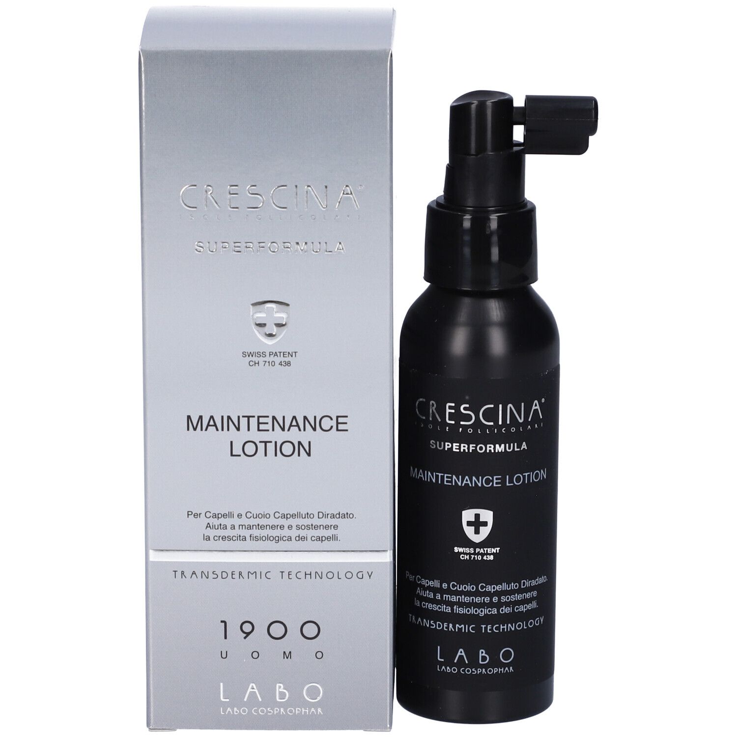 Flacone e scatola. Scritta: Crescina, Maintenance Lotion. Brevetto svizzero.