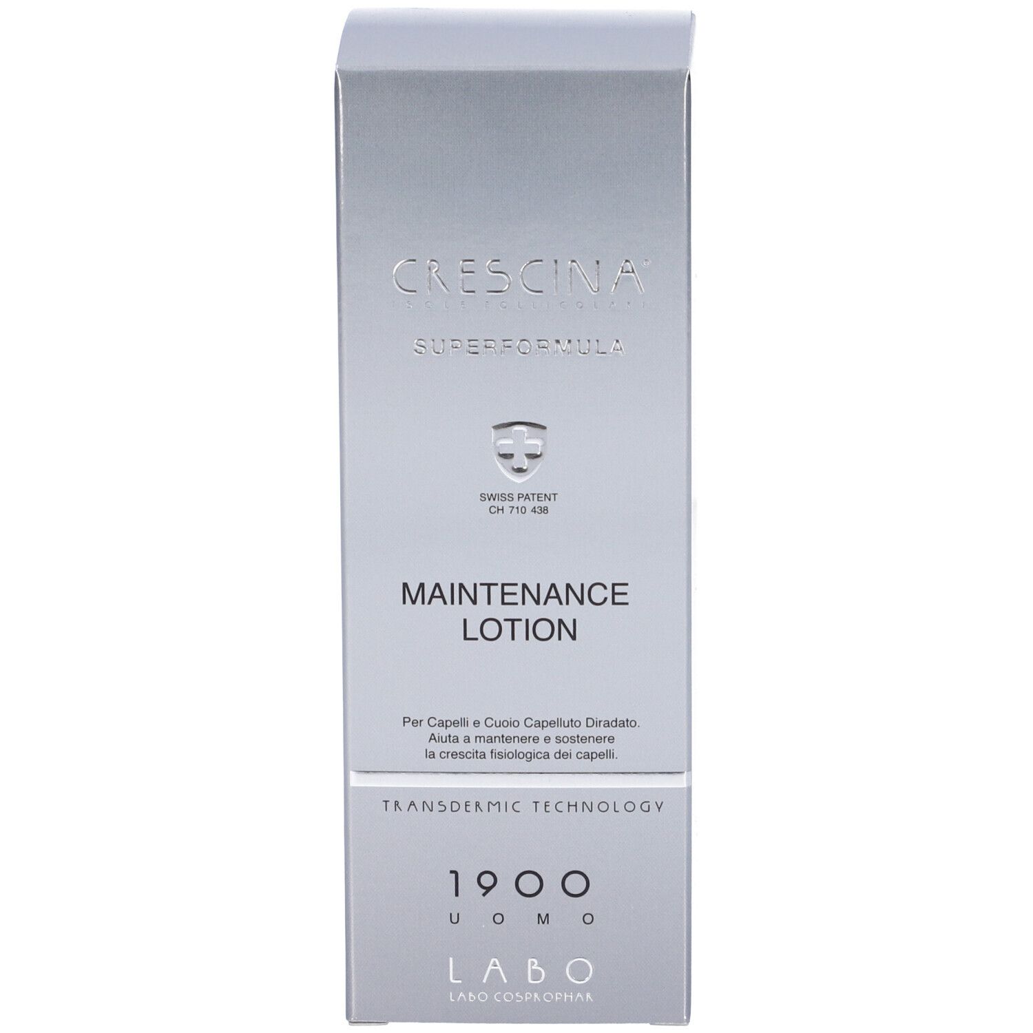 Scatola. Scritta: Crescina, Maintenance Lotion. Brevetto svizzero.