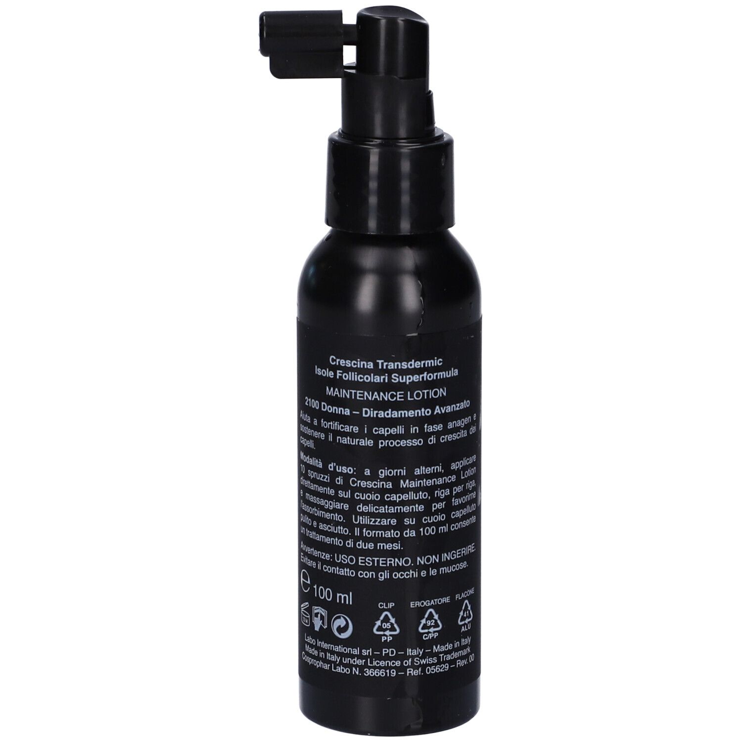 Flacone nero con erogatore spray. Testo: Crescina, Maintenance Lotion, 100 ml. Simboli riciclo.