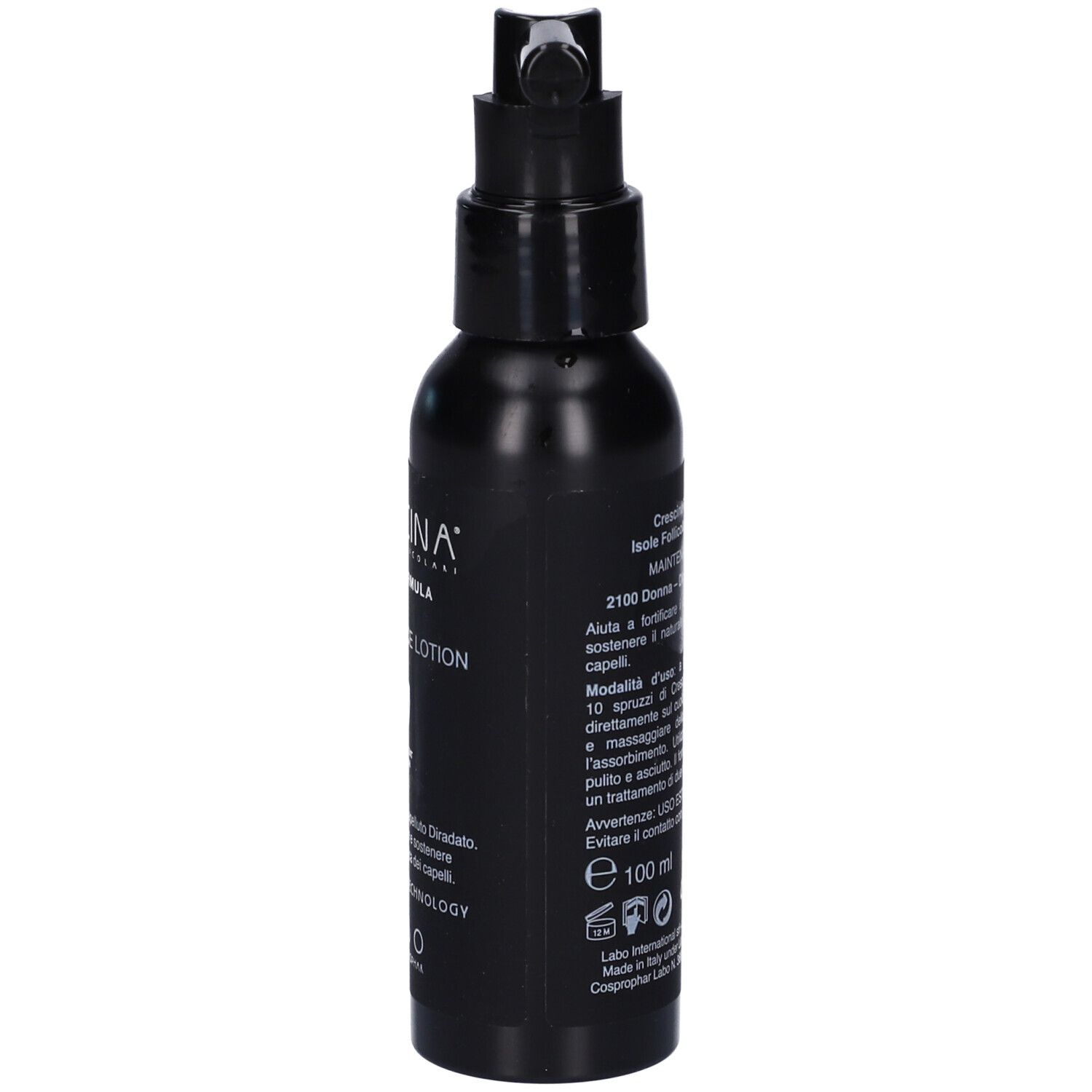 Flacone nero con erogatore spray. Testo: Crescina, Maintenance Lotion, 100 ml. Simboli riciclo.