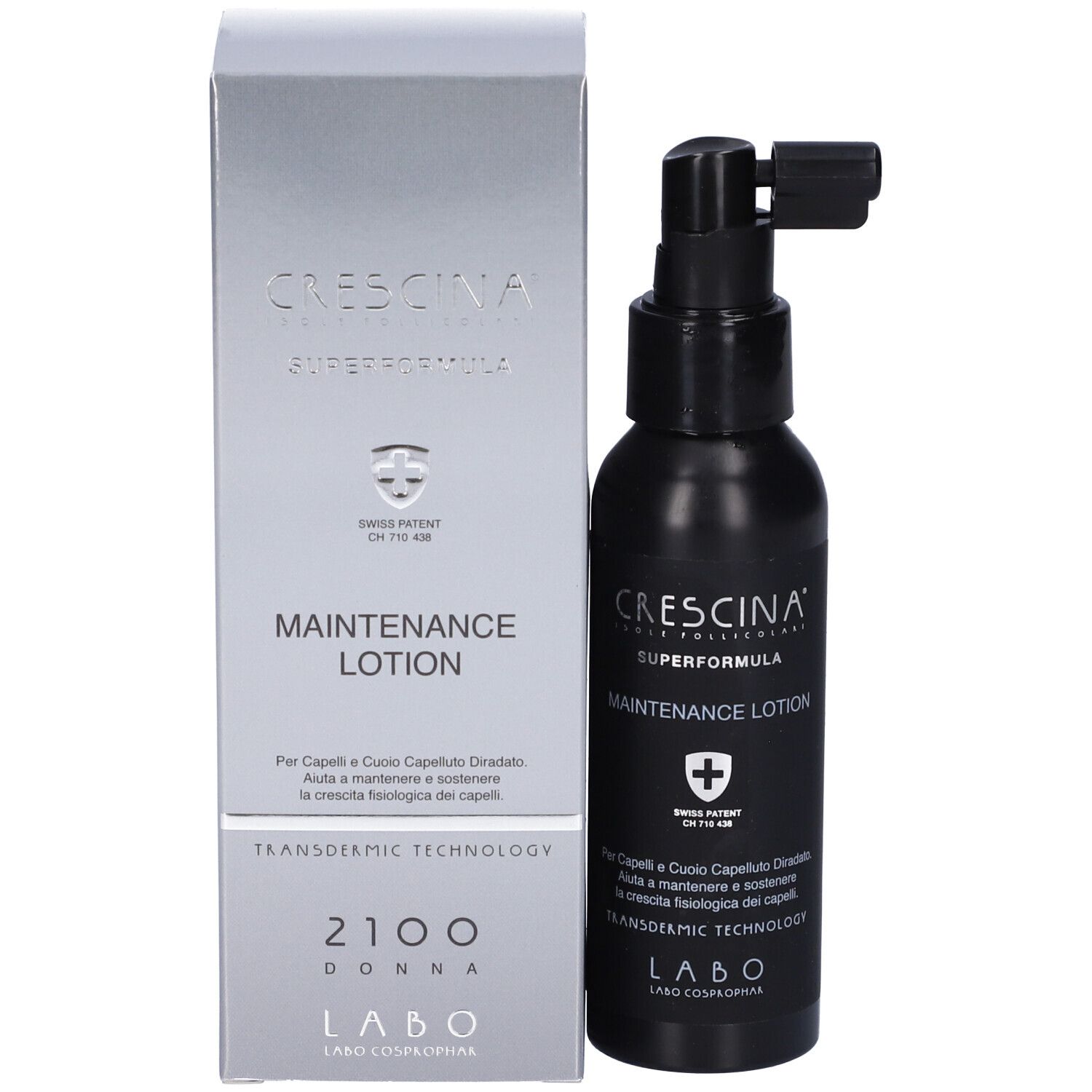 Flacone e scatola del prodotto. Scritta: Crescina, Superformula, Maintenance Lotion. Croce svizzera.