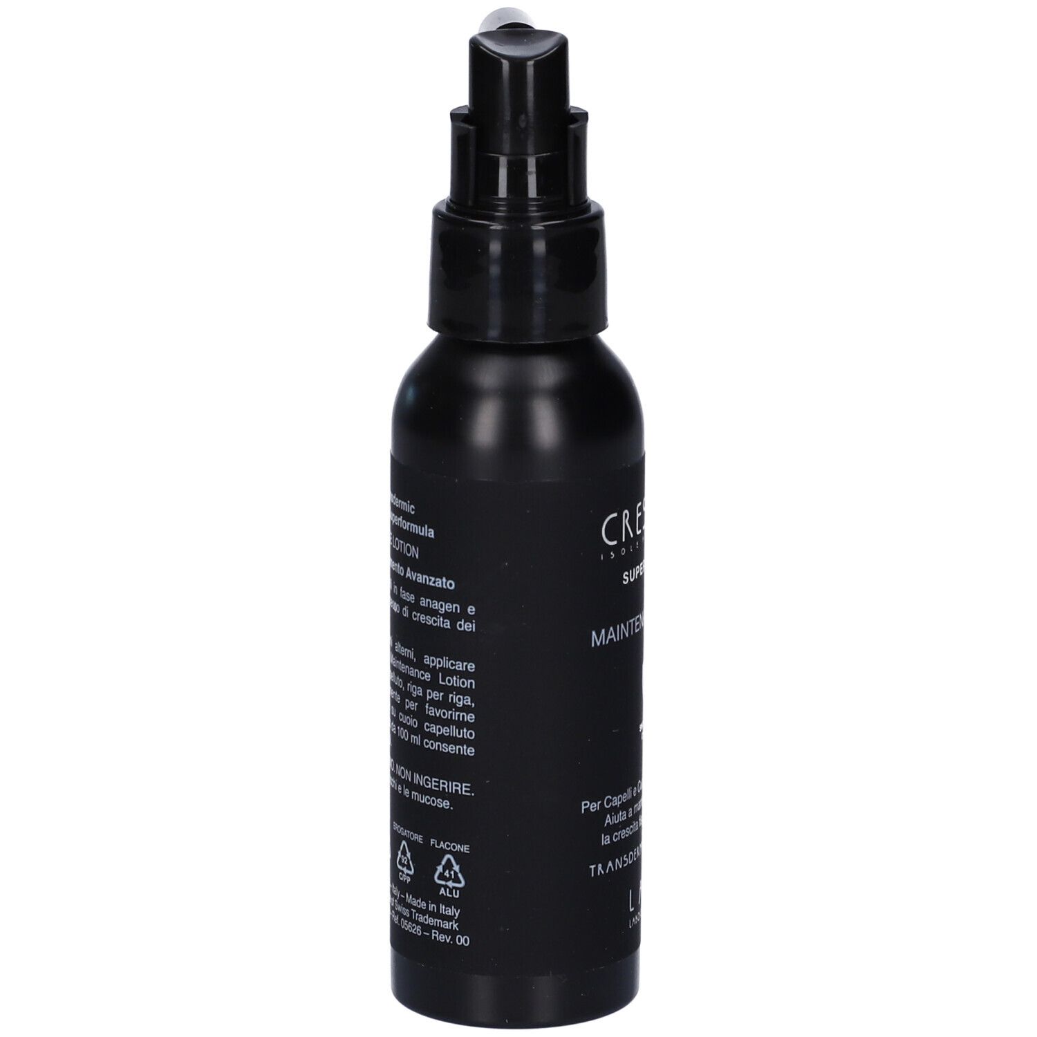 Flacone nero con erogatore spray. Scritte e informazioni in italiano. Simboli di riciclaggio.