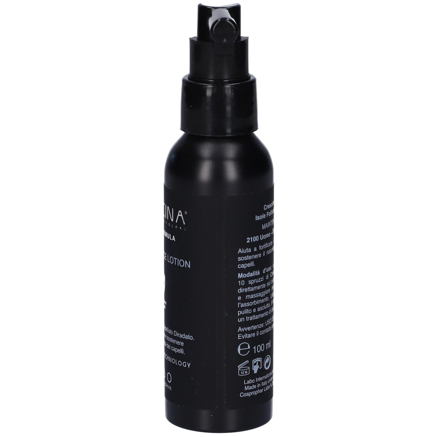 Flacone nero con erogatore spray. Scritta: Crescina Maintenance Lotion. Informazioni in italiano.