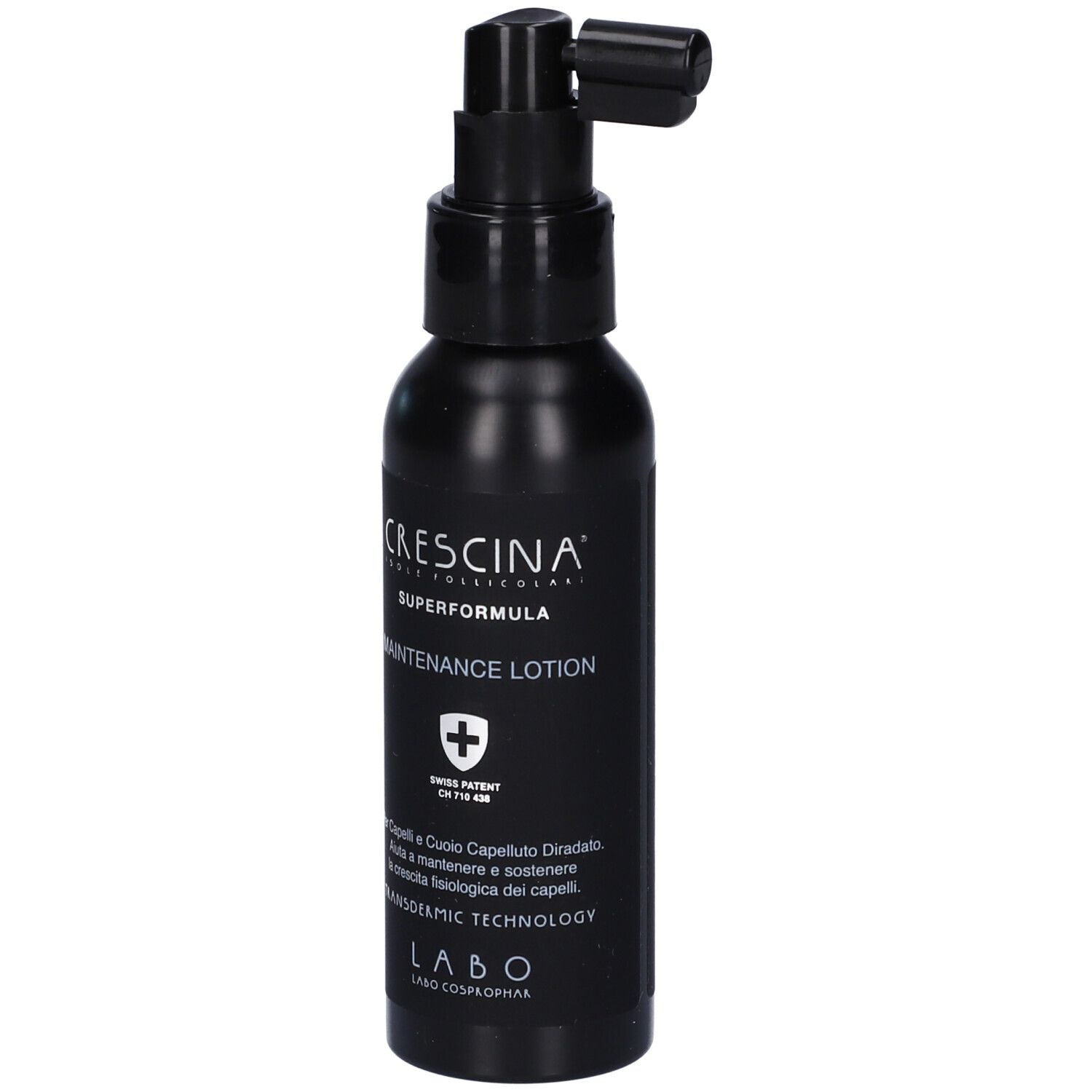 Flacone nero con erogatore spray. Scritta: Crescina Superformula Maintenance Lotion. Brevetto svizzero.