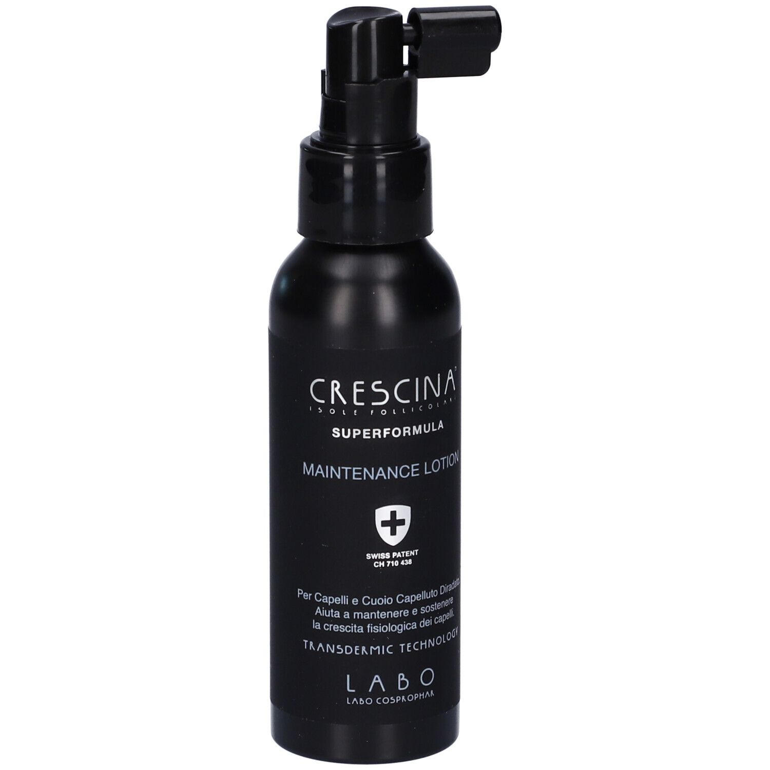 Flacone nero con erogatore spray. Scritta: Crescina Superformula Maintenance Lotion. Brevetto svizzero.