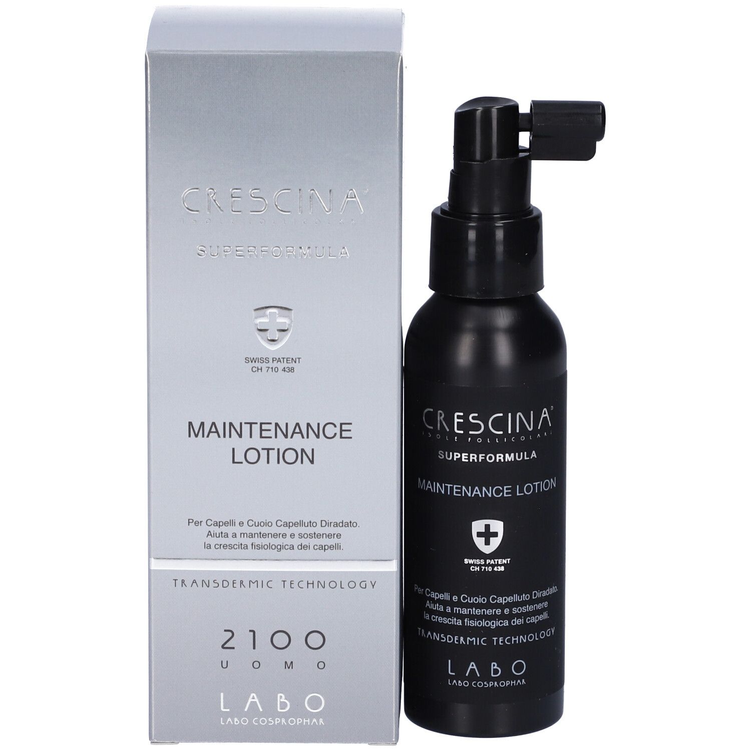 Flacone nero e scatola. Scritta: Crescina Superformula Maintenance Lotion. Brevetto svizzero. 2100 Uomo.