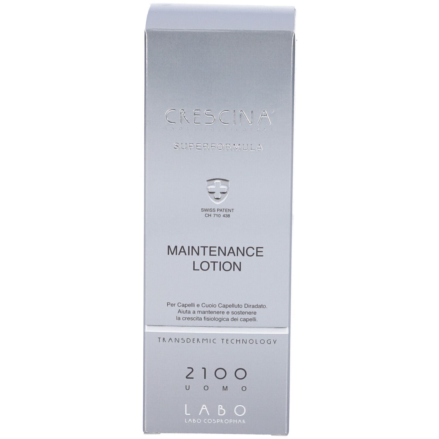Scatola argentata. Scritta: Crescina Superformula Maintenance Lotion. Brevetto svizzero. 2100 Uomo.