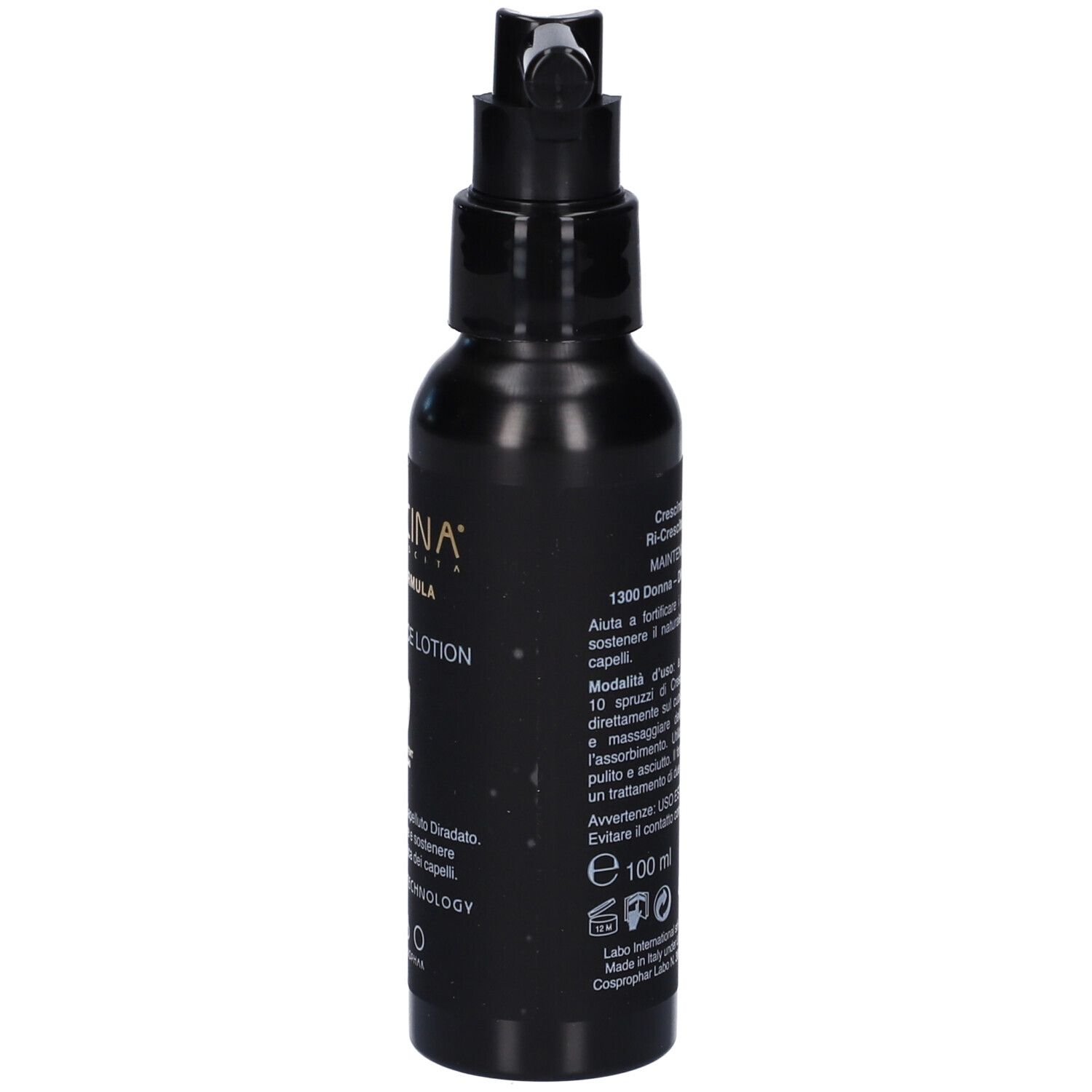 Flacone nero con applicatore. Scritta e testo in italiano. Volume: 100 ml.