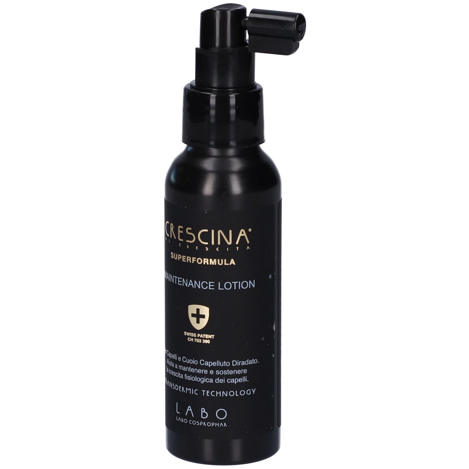 Flacone nero con applicatore. Scritta: Crescina Superformula Maintenance Lotion. Con brevetto svizzero.