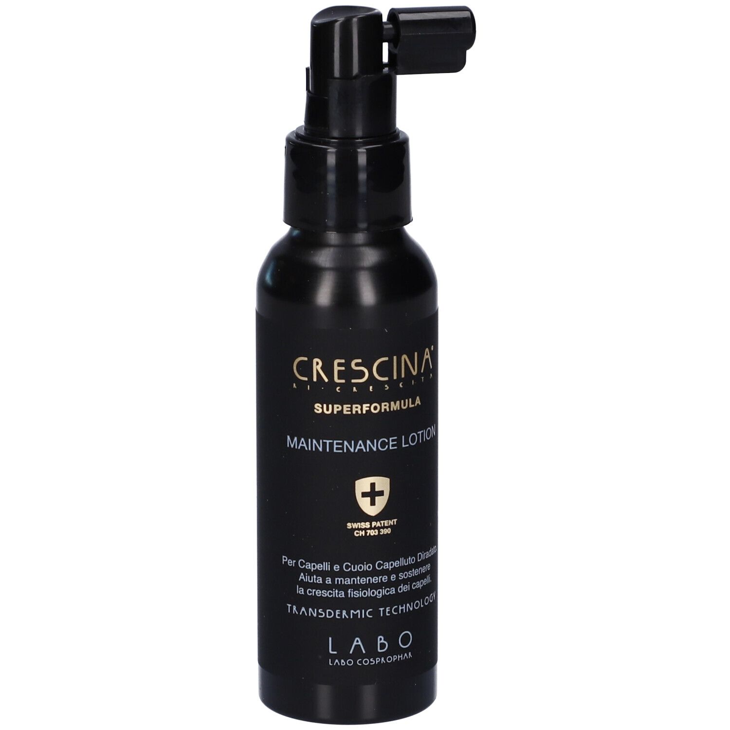 Flacone nero con applicatore. Scritta: Crescina Superformula Maintenance Lotion. Con brevetto svizzero.
