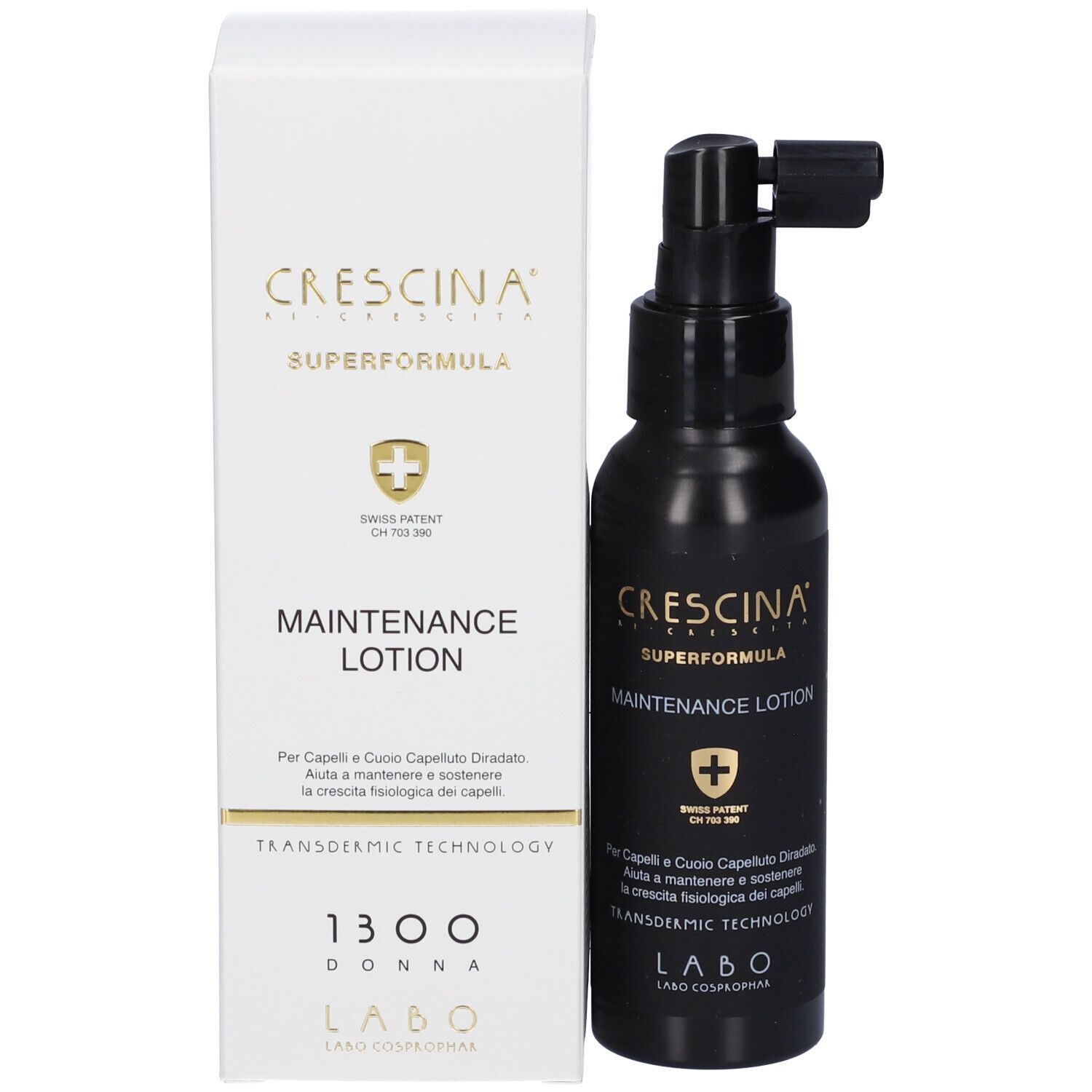 Confezione del prodotto: flacone e scatola. Scritta: Crescina Superformula Maintenance Lotion. Con brevetto svizzero.