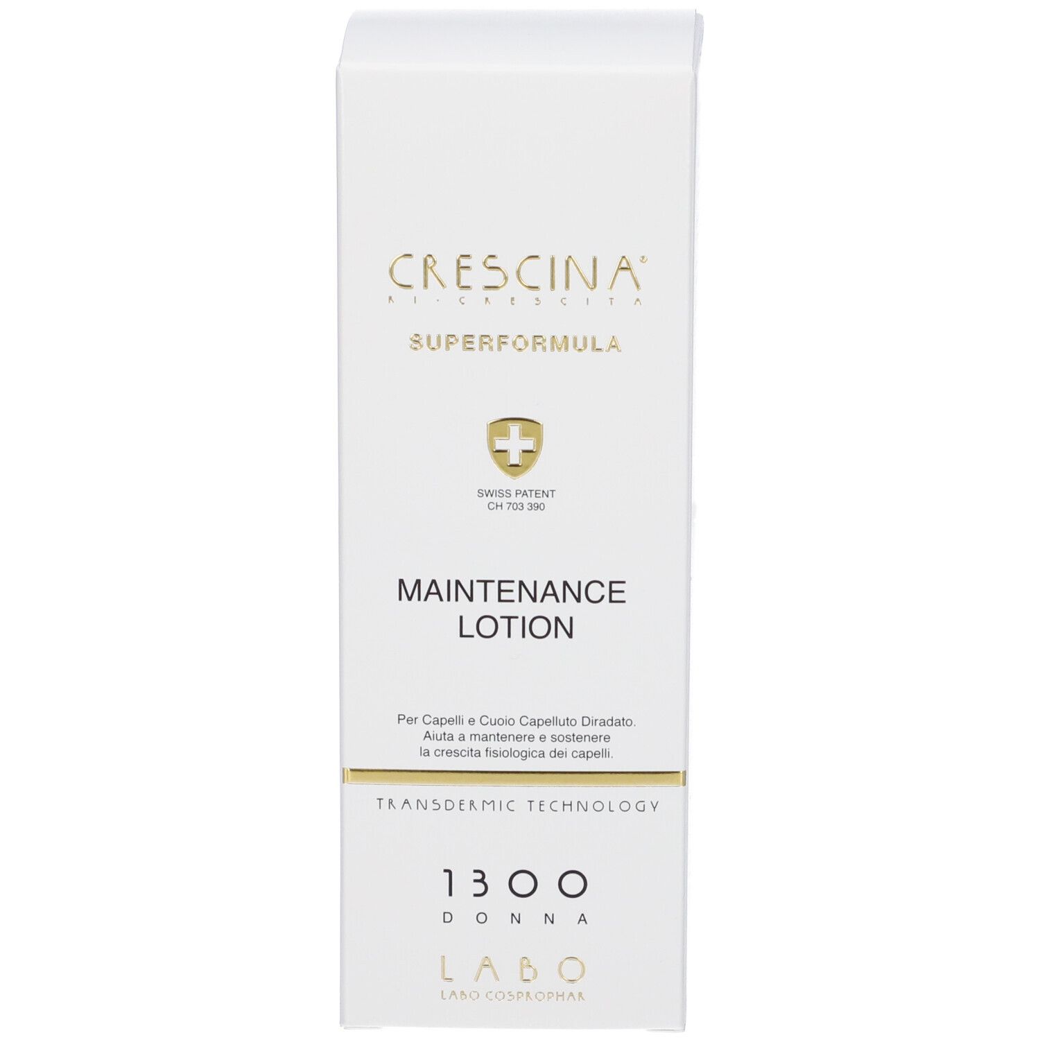 Confezione del prodotto: scatola. Scritta: Crescina Superformula Maintenance Lotion. Con brevetto svizzero.
