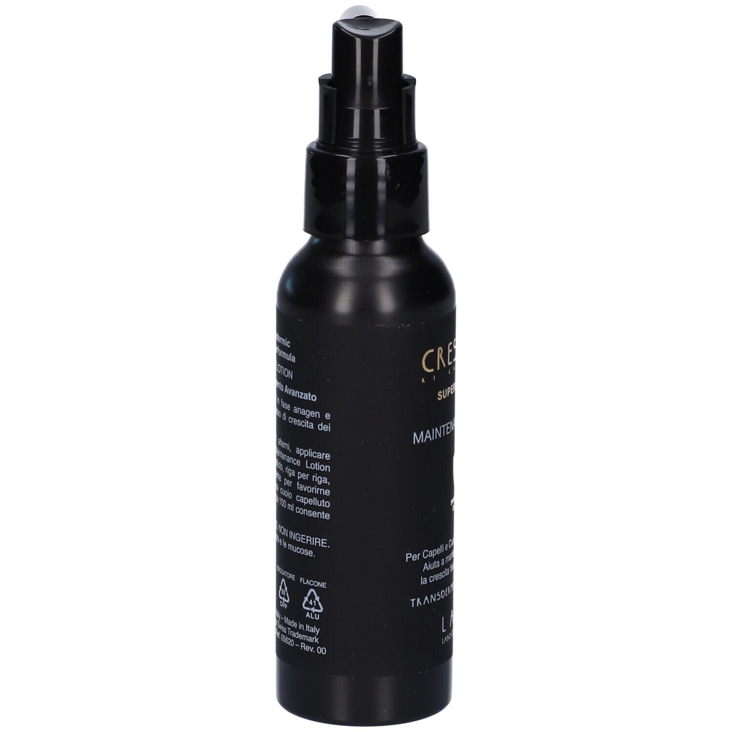 Flacone nero con applicatore. Testo in italiano. Simboli di riciclaggio. LABO.