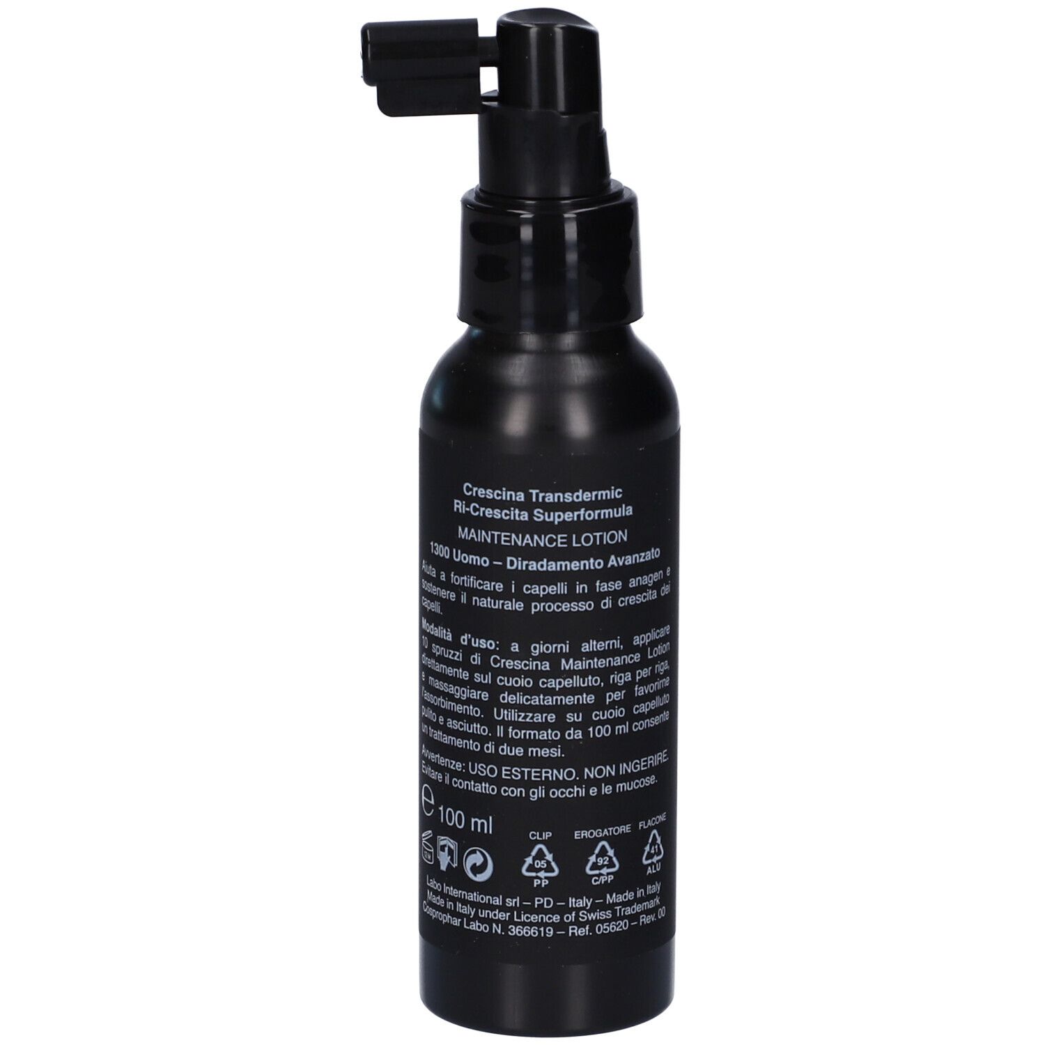Flacone nero con applicatore. Scritta: Crescina, Maintenance Lotion, 100 ml. LABO.