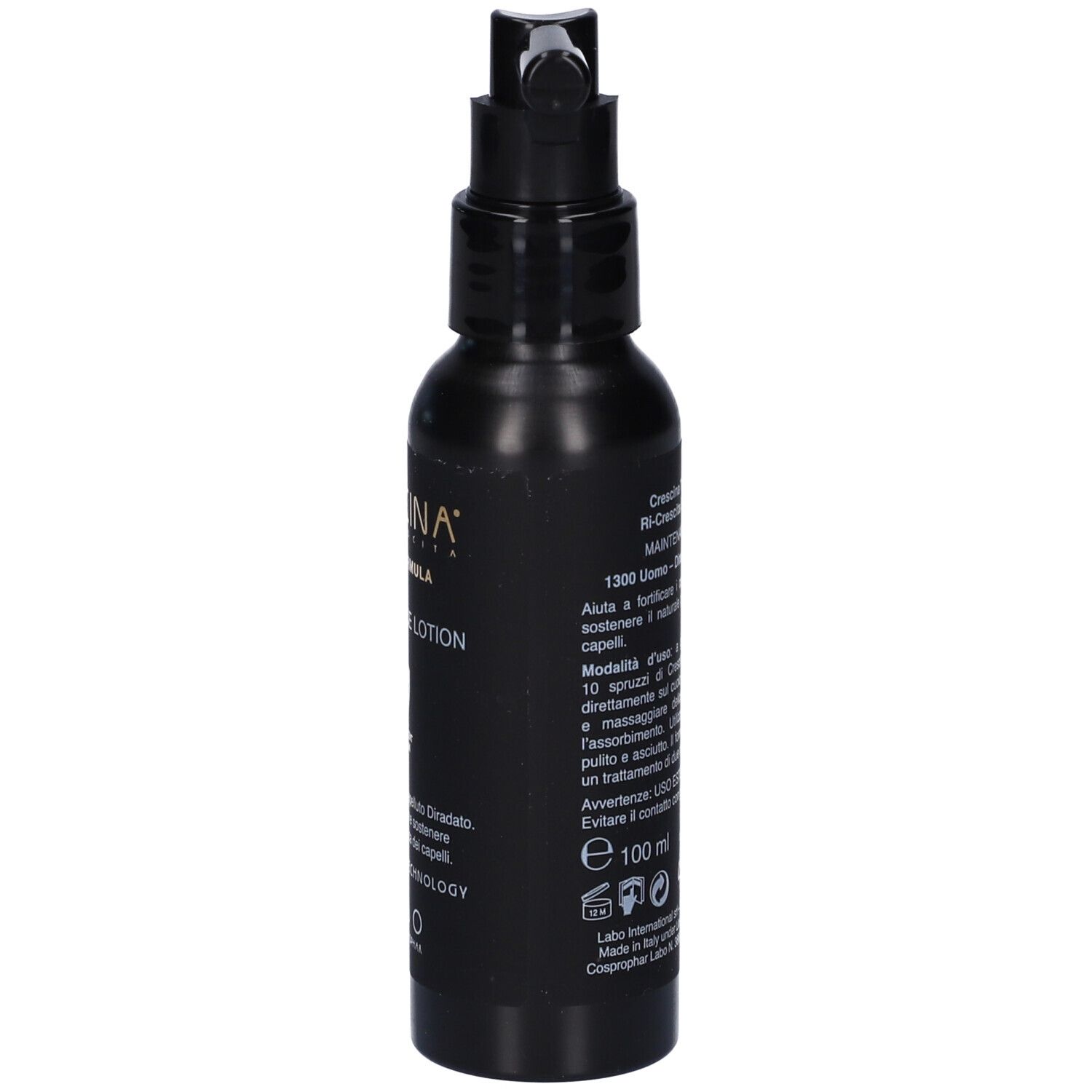 Flacone nero con applicatore. Scritta: Crescina, Maintenance Lotion, 100 ml. LABO.