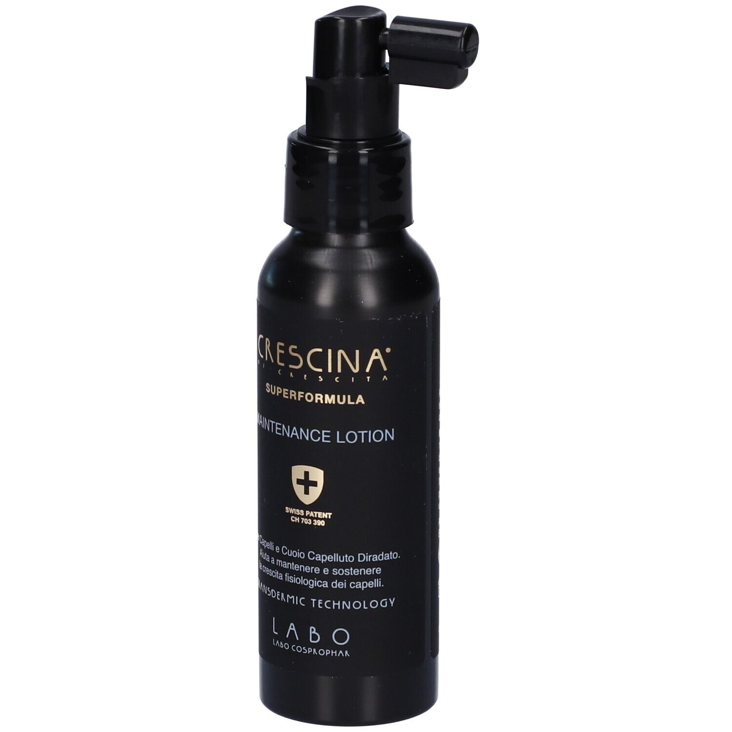 Flacone nero con applicatore. Scritta: Crescina Superformula Maintenance Lotion. Brevetto svizzero. LABO.