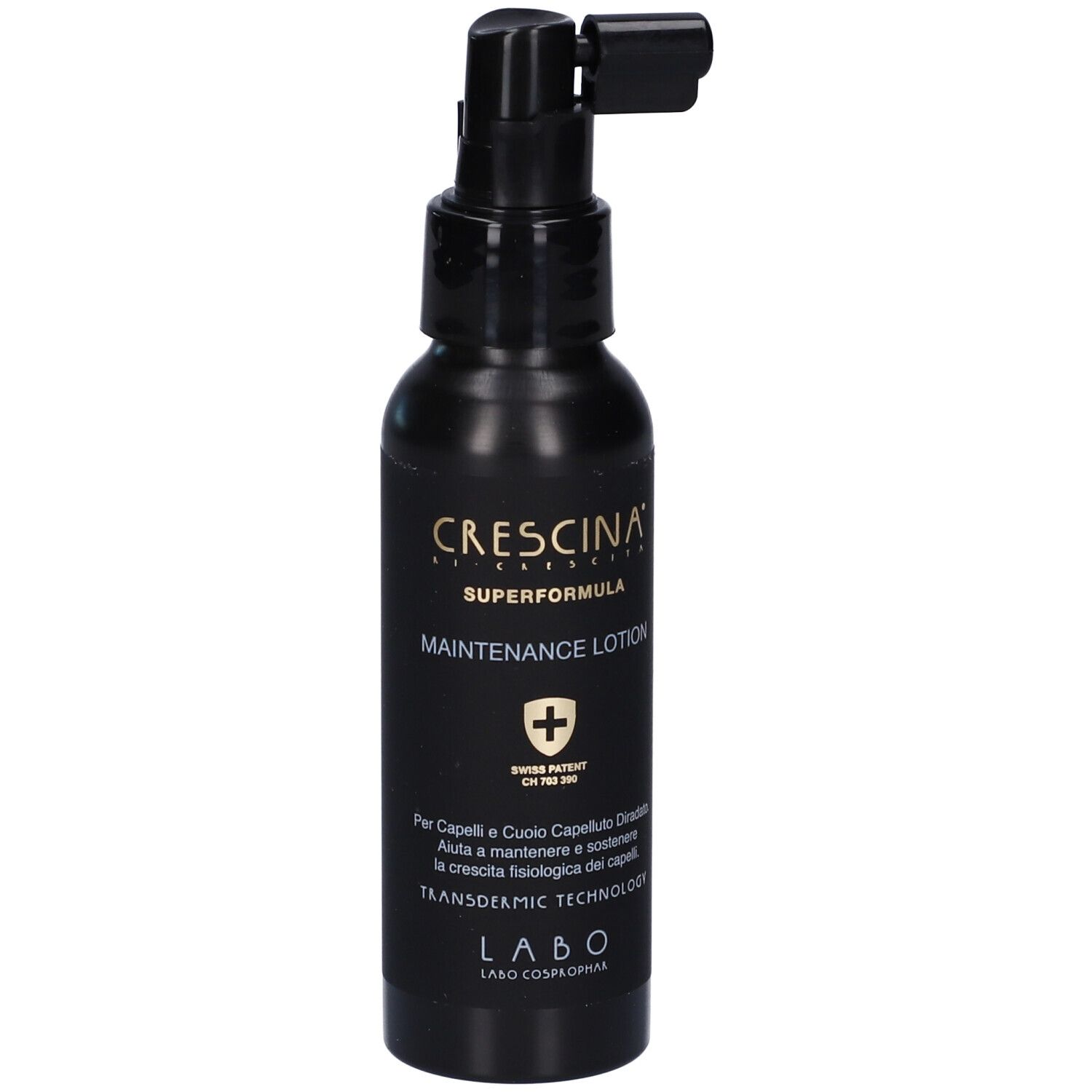 Flacone nero con applicatore. Scritta: Crescina Superformula Maintenance Lotion. Brevetto svizzero. LABO.