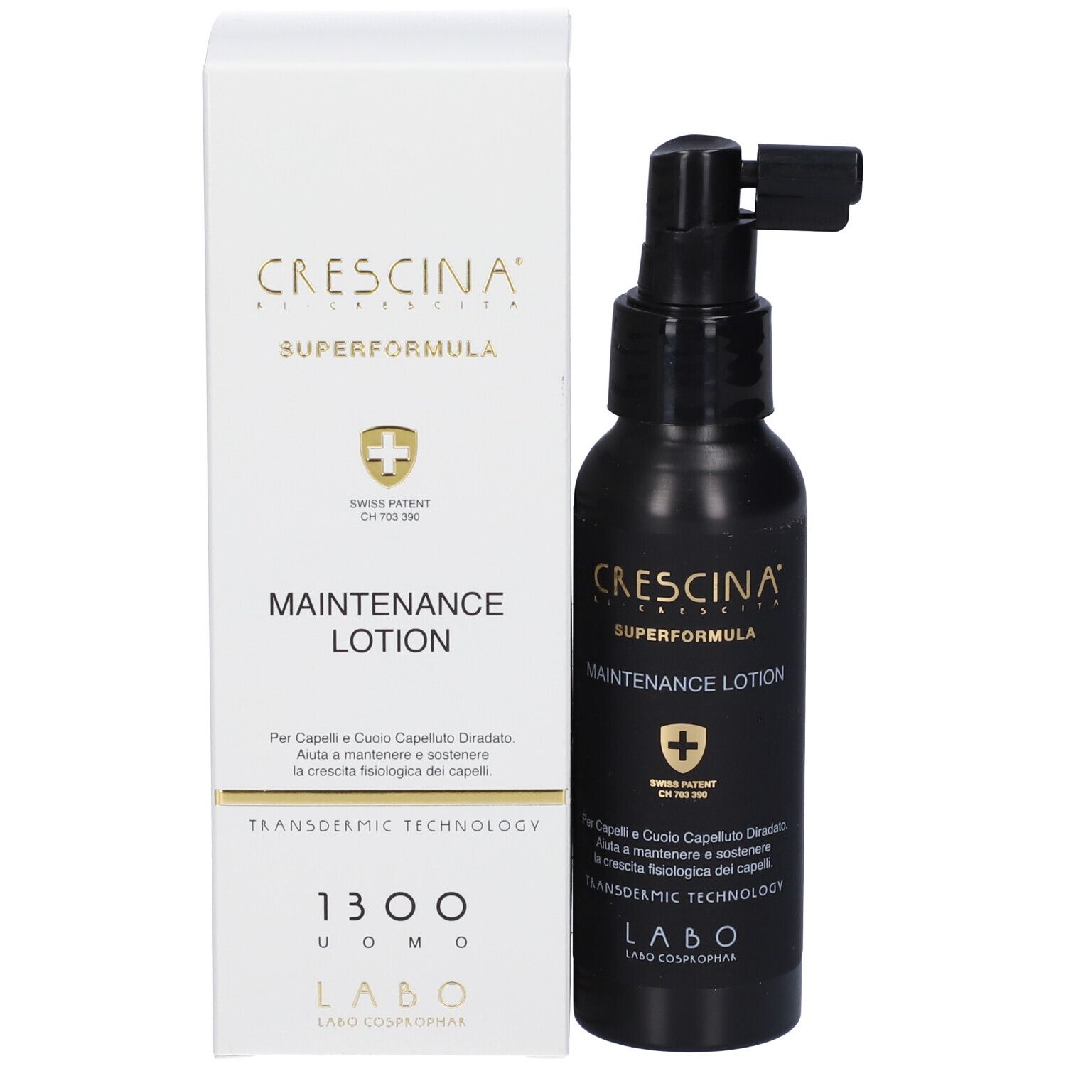 Confezione e flacone. Scritta: Crescina Superformula Maintenance Lotion. Brevetto svizzero. LABO.