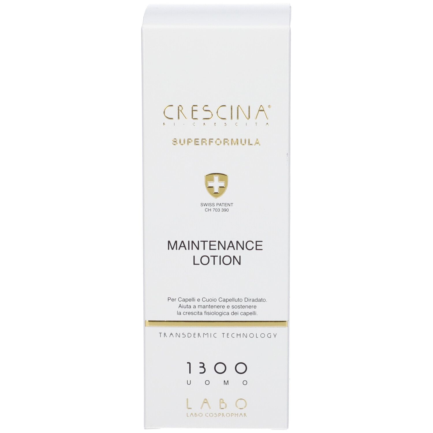 Confezione del prodotto. Scritta: Crescina Superformula Maintenance Lotion. Brevetto svizzero. LABO.