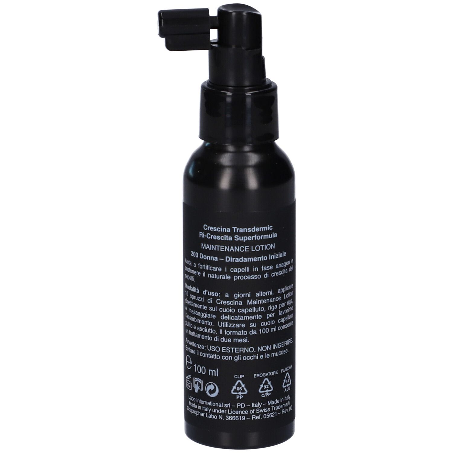 Flacone nero con applicatore. Scritta: Crescina Ri-Crescita Superformula Maintenance Lotion.