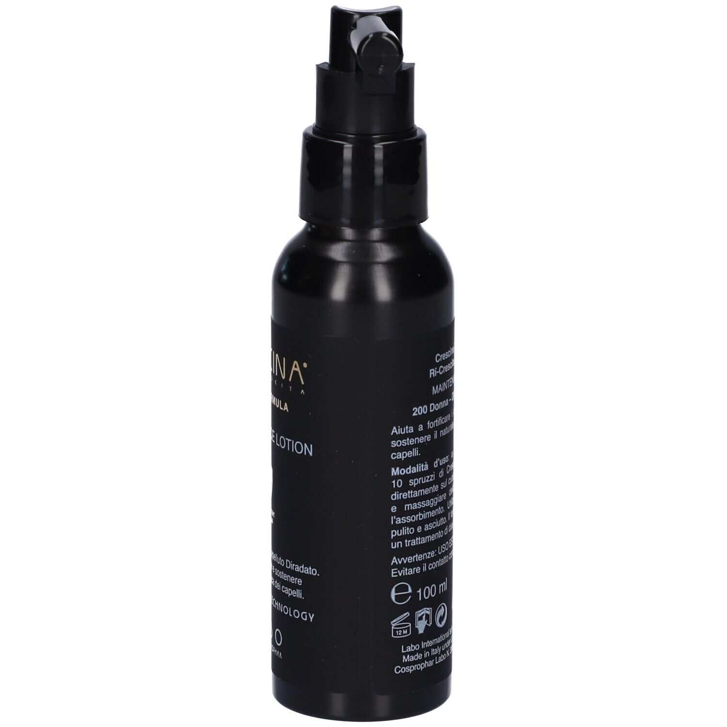 Flacone nero con applicatore. Scritte e informazioni sul retro.