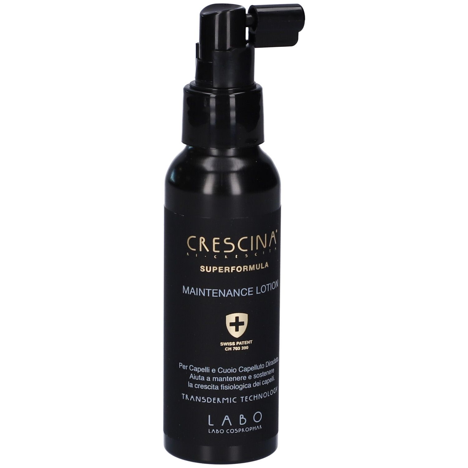 Flacone nero con applicatore. Scritta: Crescina Superformula Maintenance Lotion. Brevetto svizzero.