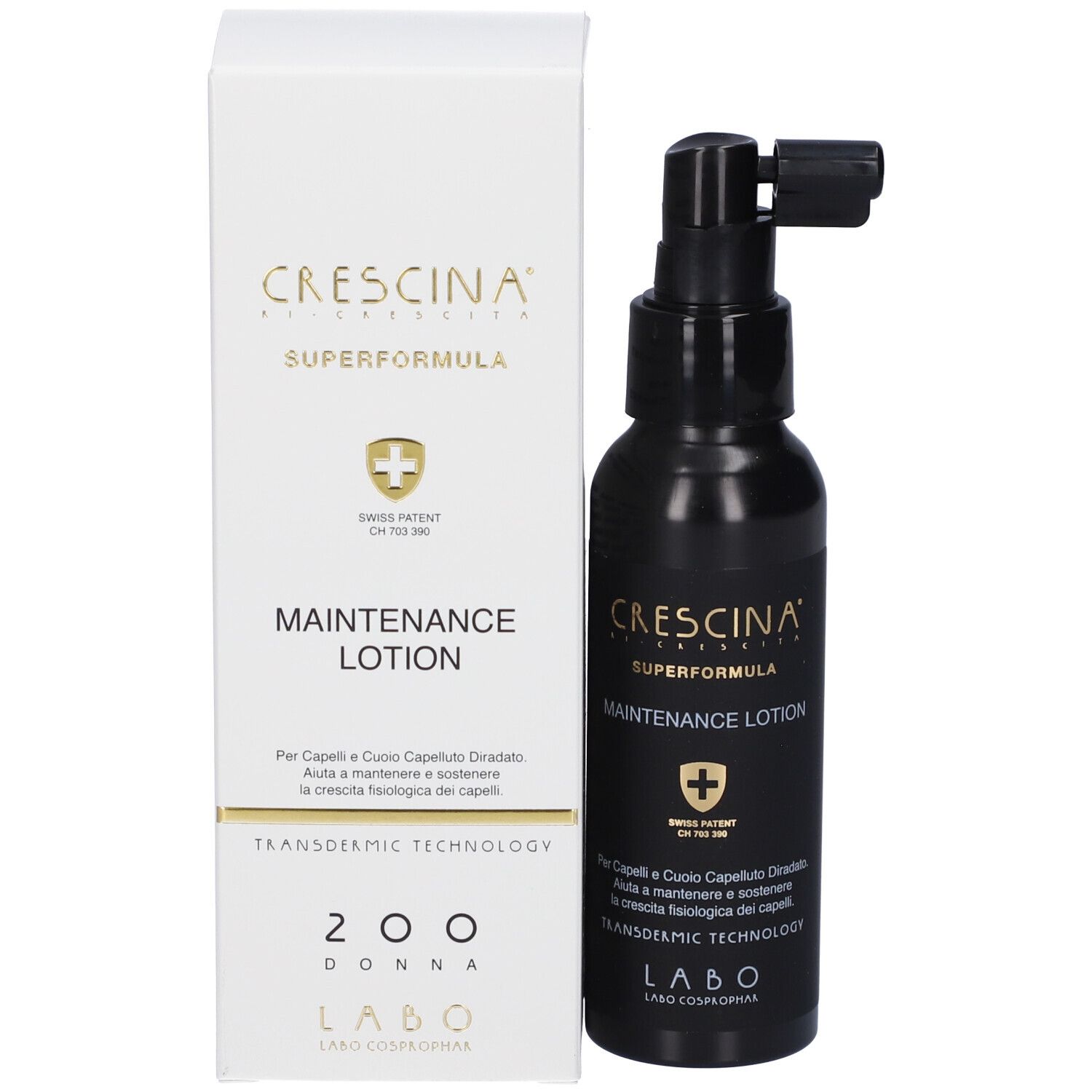 Confezione e flacone. Scritta: Crescina Superformula Maintenance Lotion. Brevetto svizzero.
