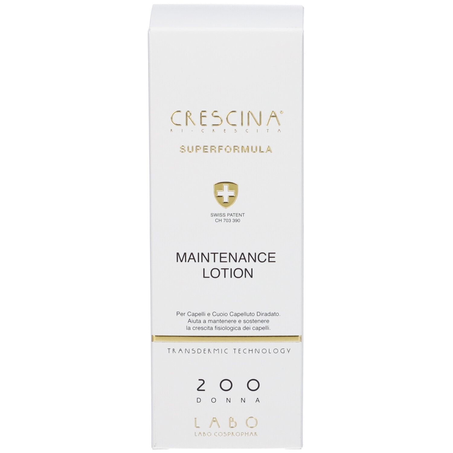 Confezione del prodotto. Scritta: Crescina Superformula Maintenance Lotion. Brevetto svizzero.