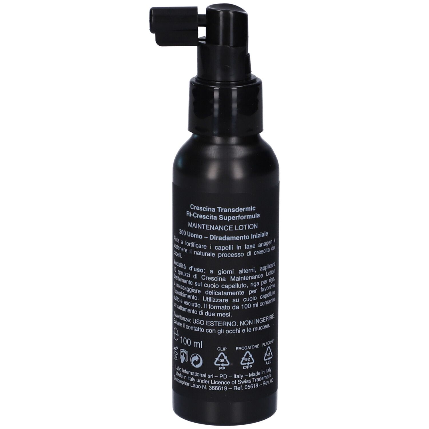 Flacone nero con applicatore. Scritta: Crescina, Maintenance Lotion. Volume: 100 ml.