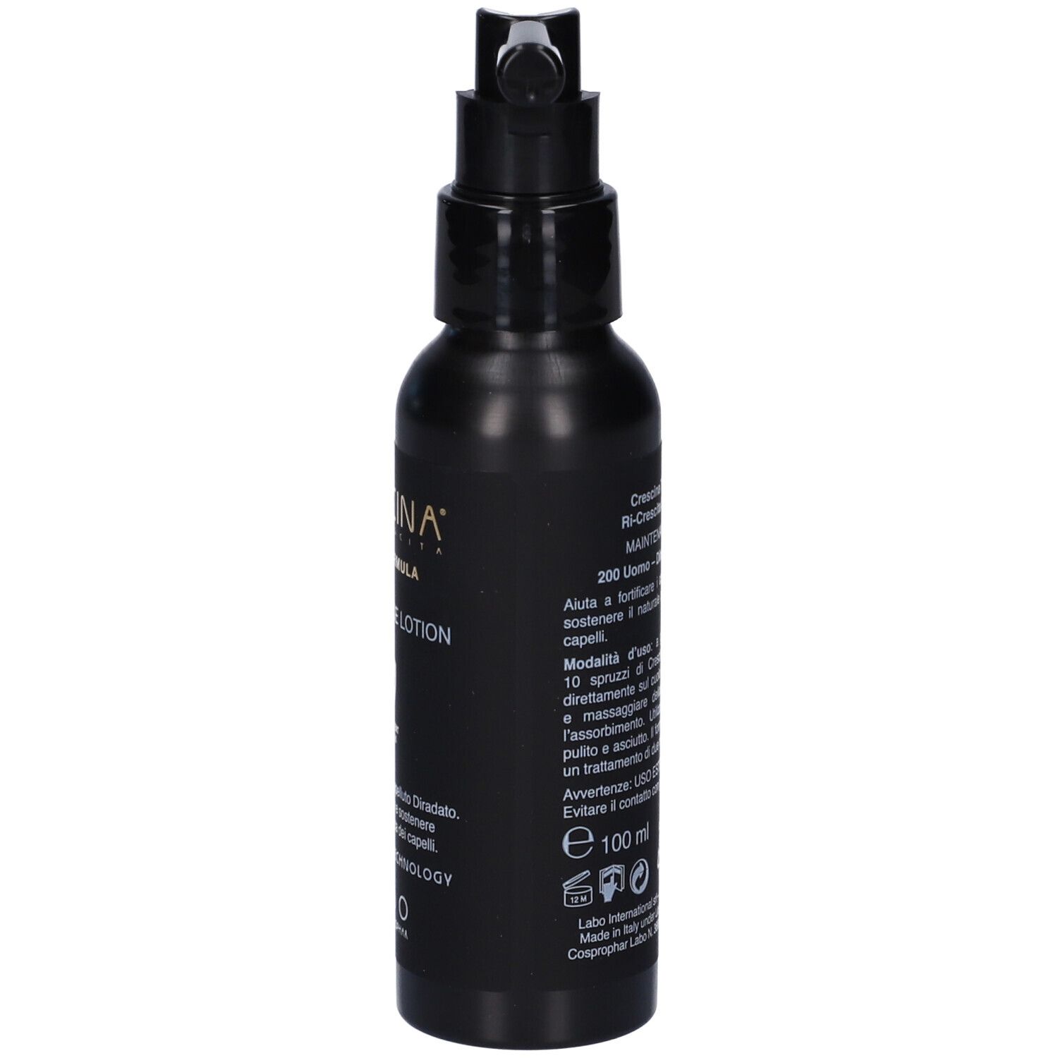 Flacone nero con applicatore. Scritta: Crescina, Maintenance Lotion. Volume: 100 ml.