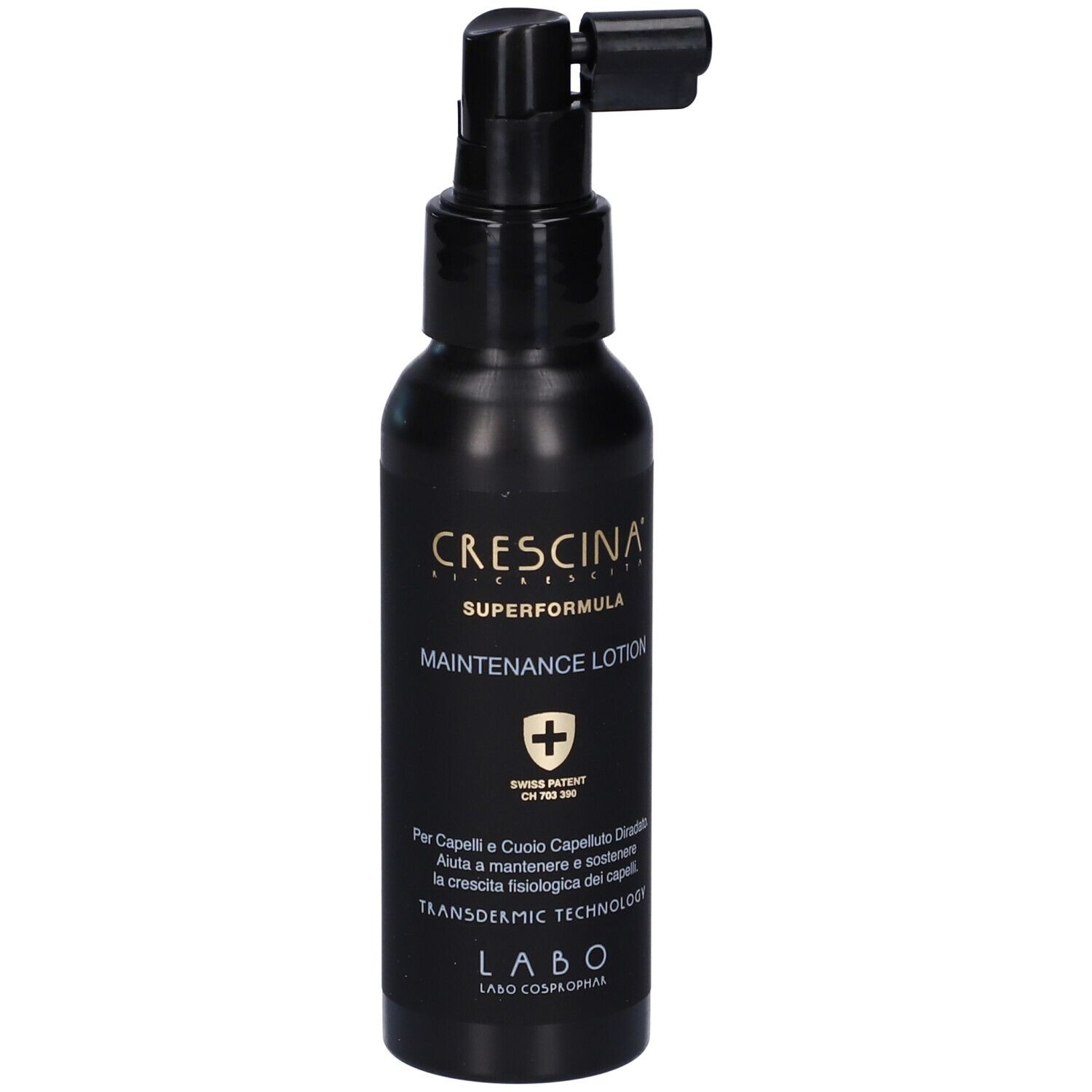 Flacone nero con applicatore. Scritta: Crescina, Superformula, Maintenance Lotion. Swiss Patent.