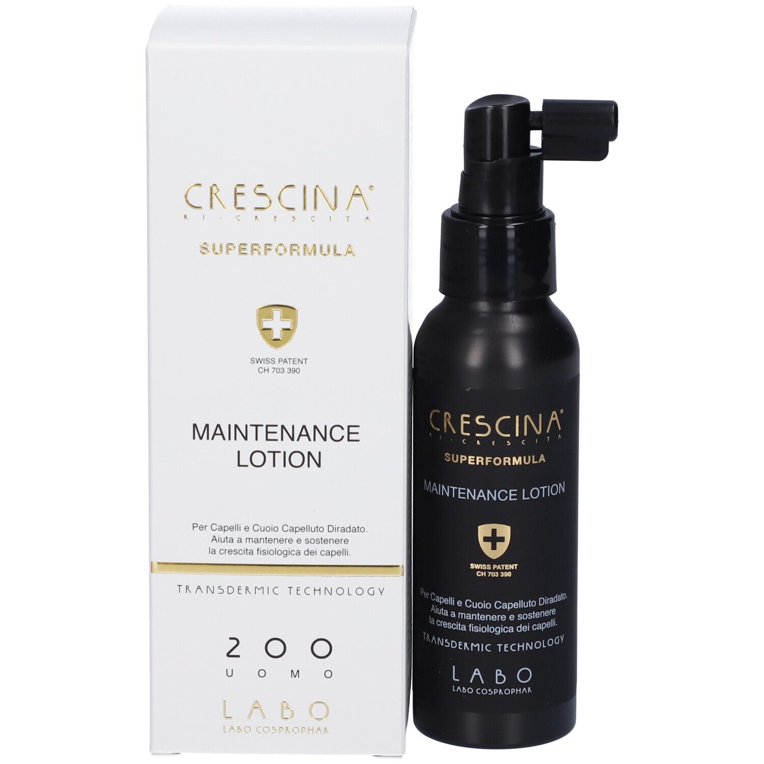 Flacone e confezione. Scritta: Crescina, Superformula, Maintenance Lotion. Swiss Patent.