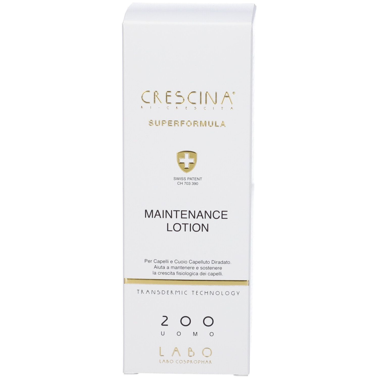 Confezione bianca. Scritta: Crescina, Superformula, Maintenance Lotion. Swiss Patent.
