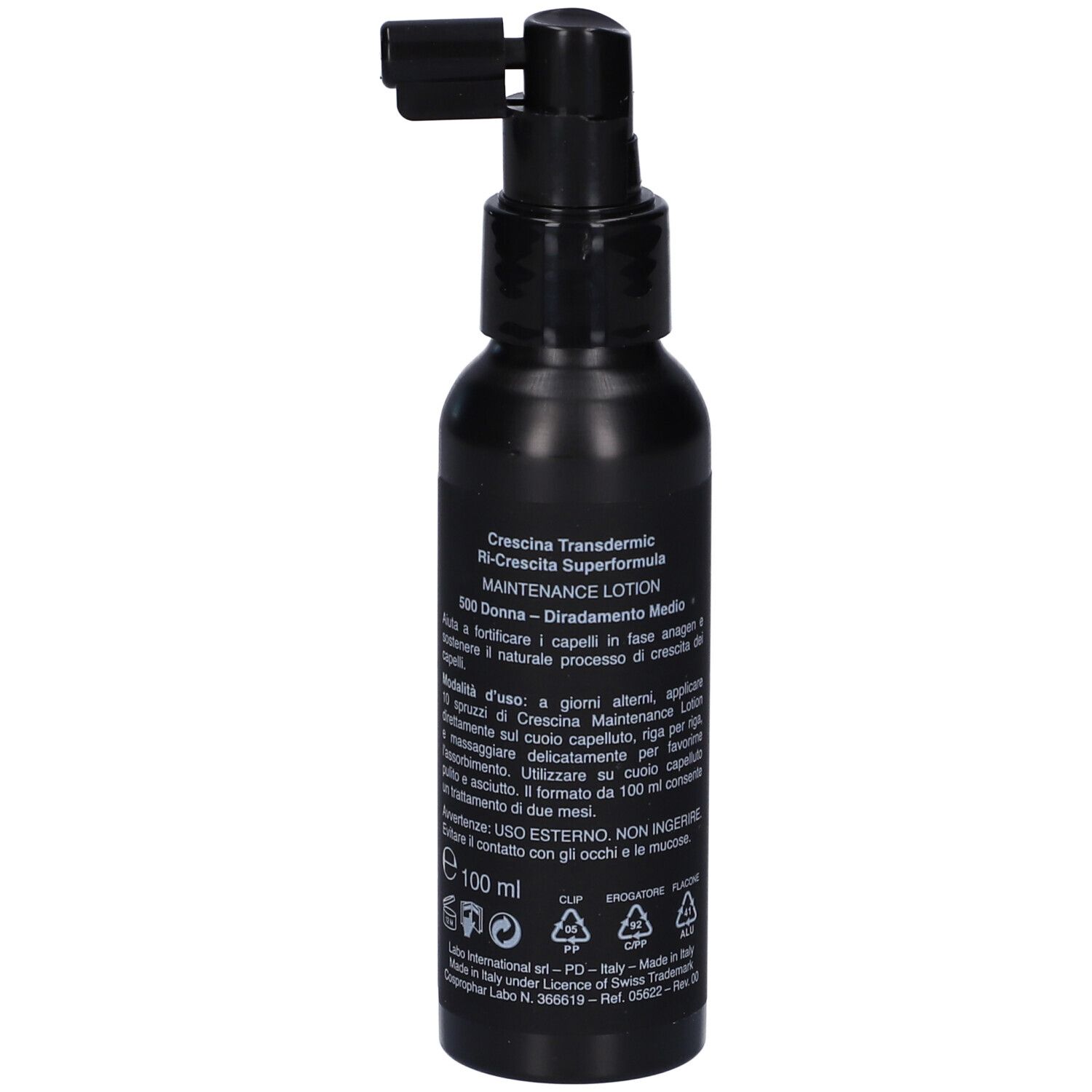 Flacone nero con erogatore. Scritte e testo in italiano. Volume: 100 ml.