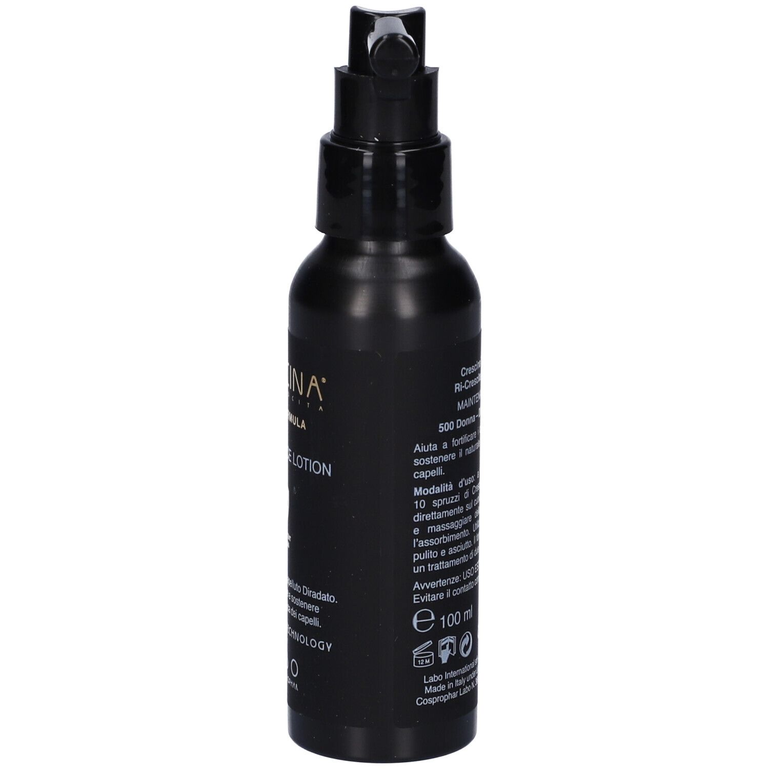 Flacone nero con erogatore. Scritte e testo in italiano. Volume: 100 ml.