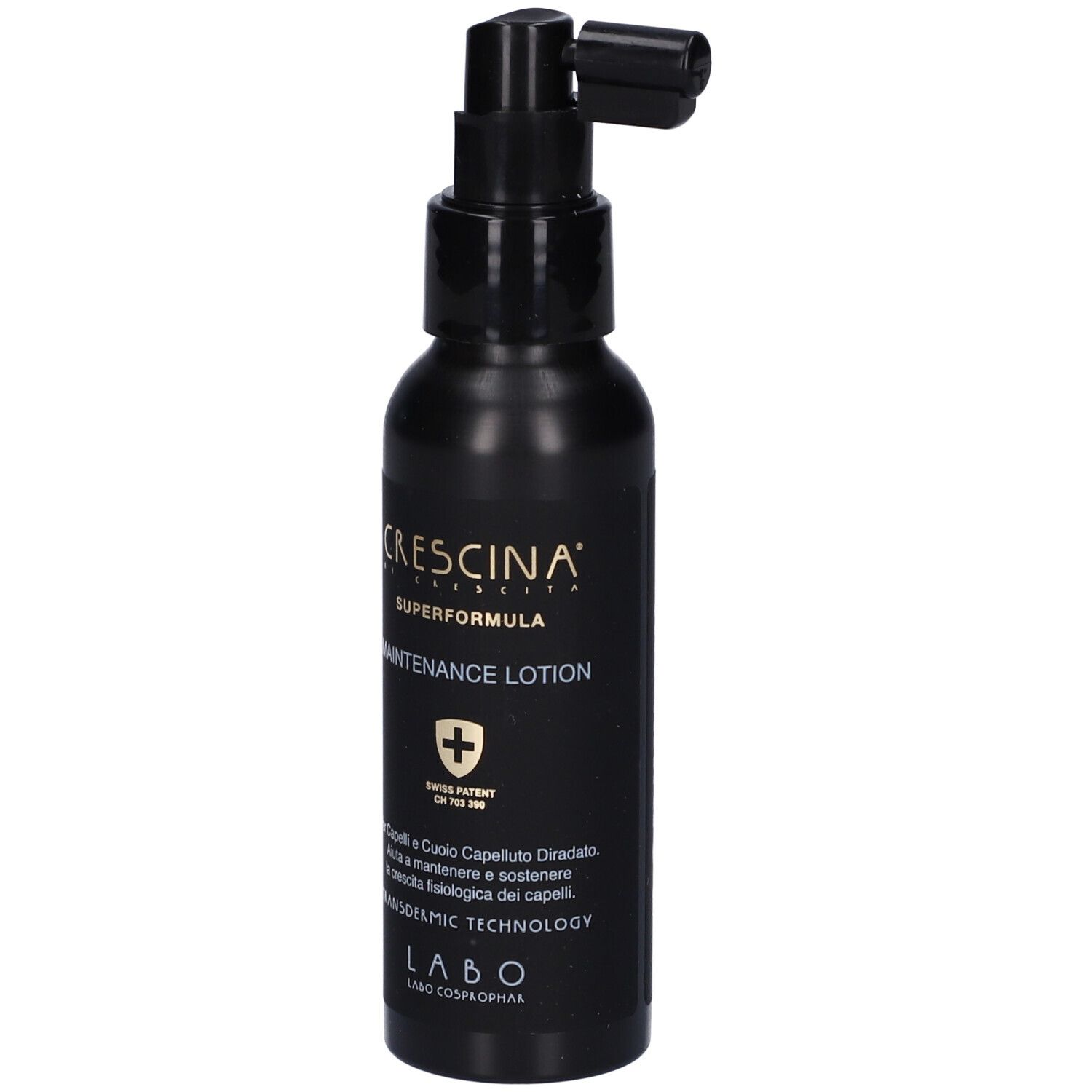 Flacone nero con erogatore. Scritte: Crescina, Superformula, Maintenance Lotion. Swiss Patent.