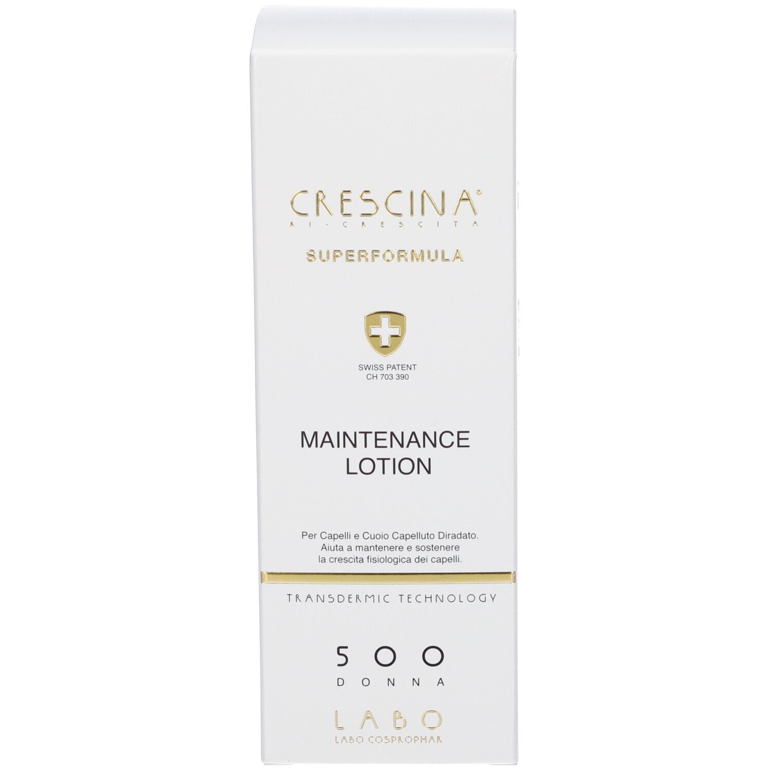 Confezione bianca. Scritte: Crescina, Superformula, Maintenance Lotion. Swiss Patent.