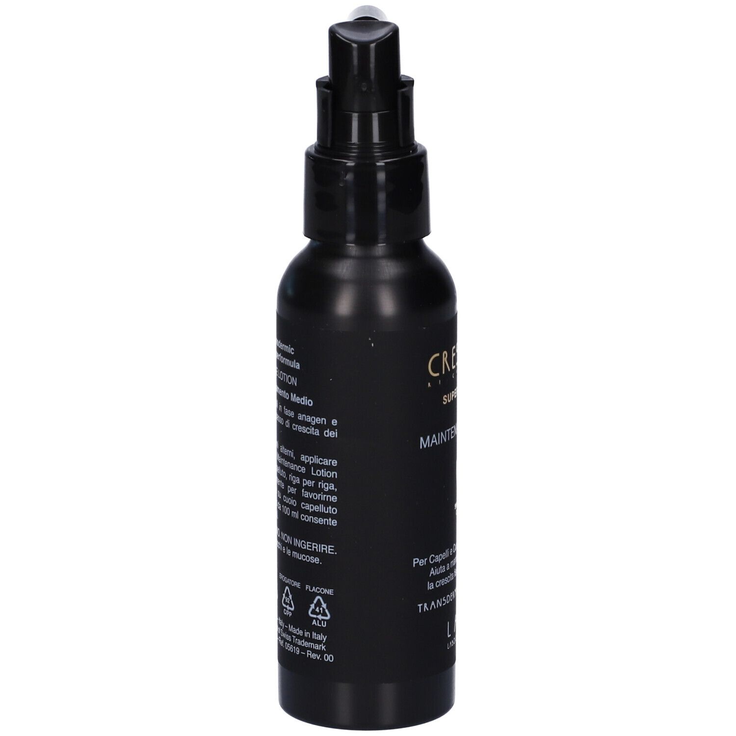 Flacone nero con applicatore. Scritte e testo in italiano. Simboli di riciclaggio.