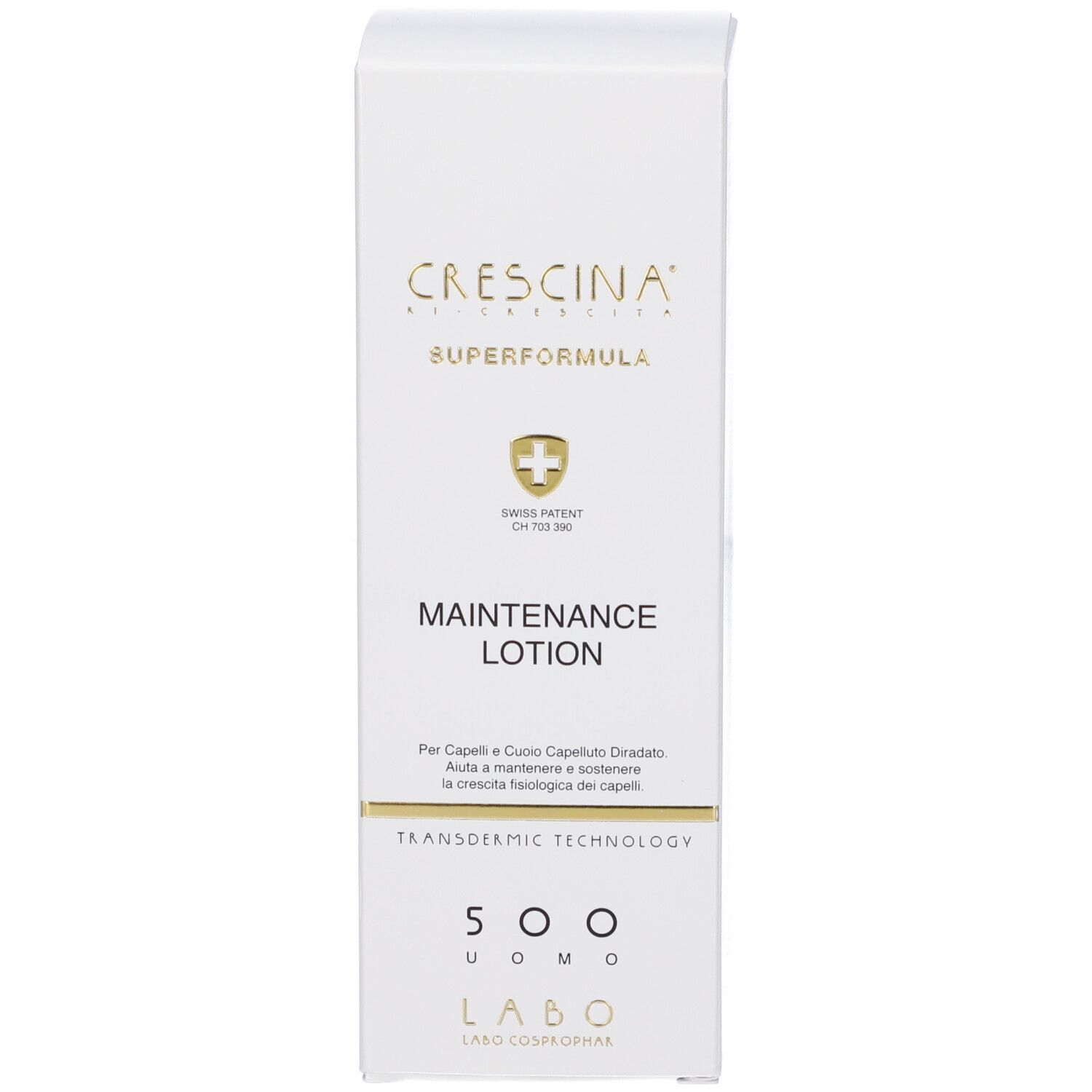 Scatola bianca. Scritte: Crescina, Superformula, Maintenance Lotion. Brevetto svizzero. 500 Uomo.