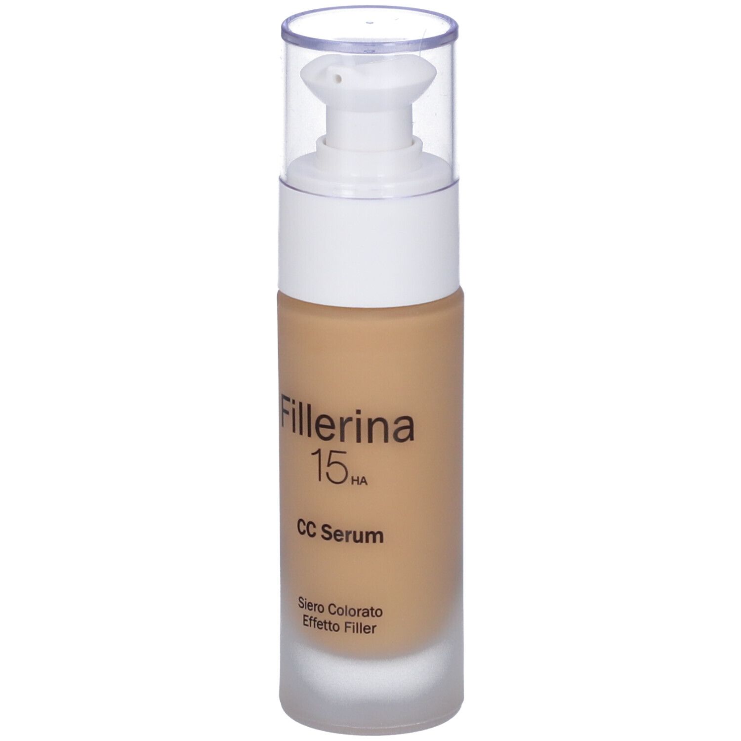 Flacone di siero beige con erogatore bianco. Scritta: Fillerina 15 HA CC Serum. Sottotitolo in italiano.