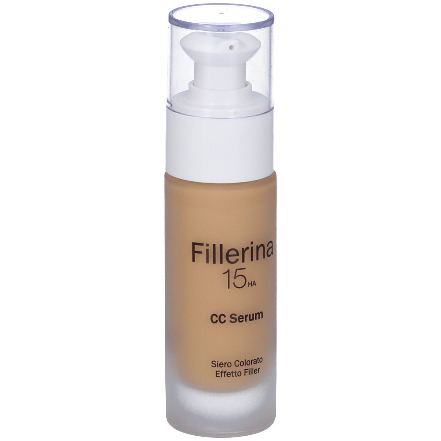 Flacone di siero beige con erogatore bianco. Scritta: Fillerina 15 HA CC Serum. Sottotitolo in italiano.