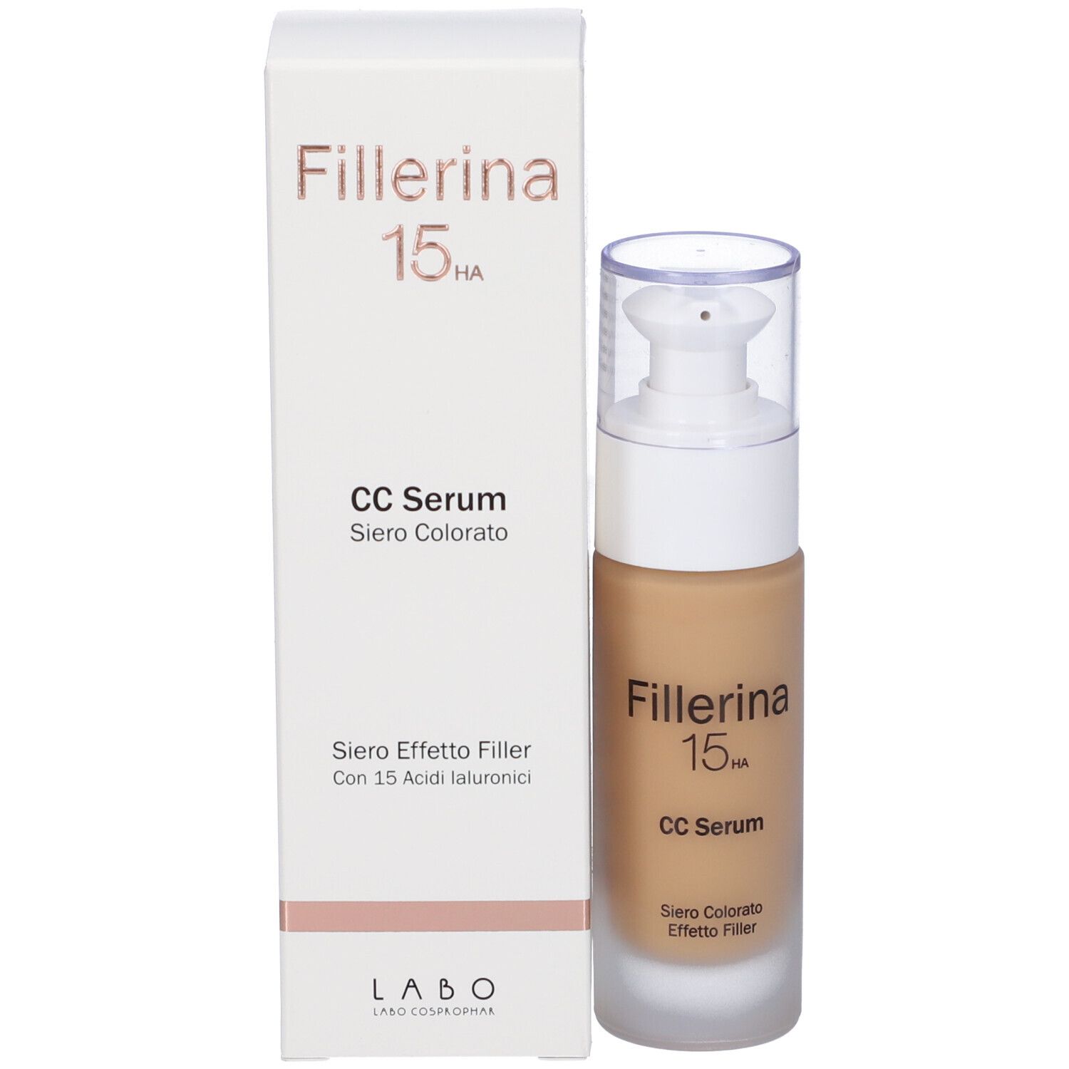 Confezione e flacone di siero. Confezione: bianca con nome e descrizione del prodotto. Flacone: beige con erogatore bianco.